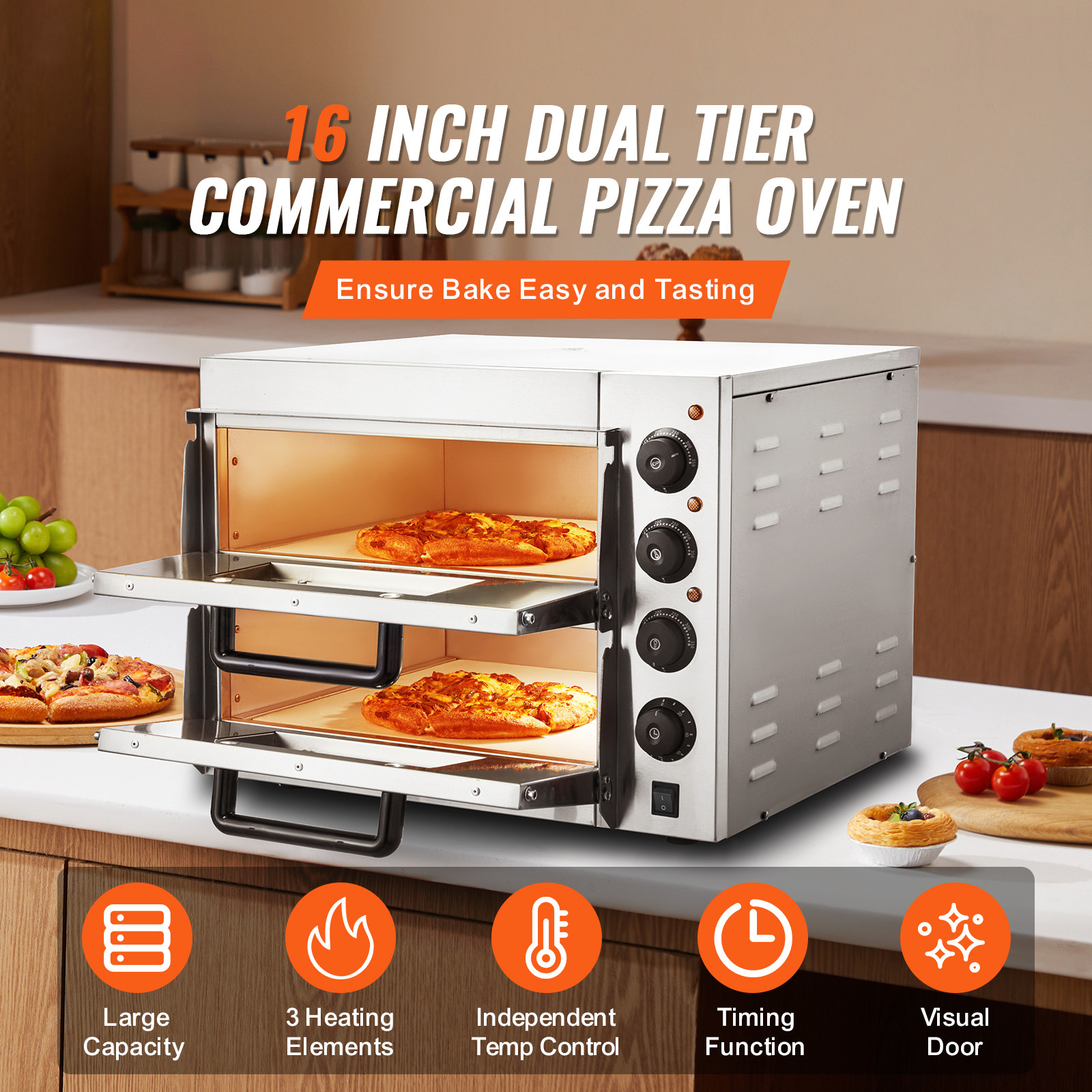 VEVOR Commercial Countertop Pizza Oven Electric Pizza Oven for 16″ Pizza Indoor