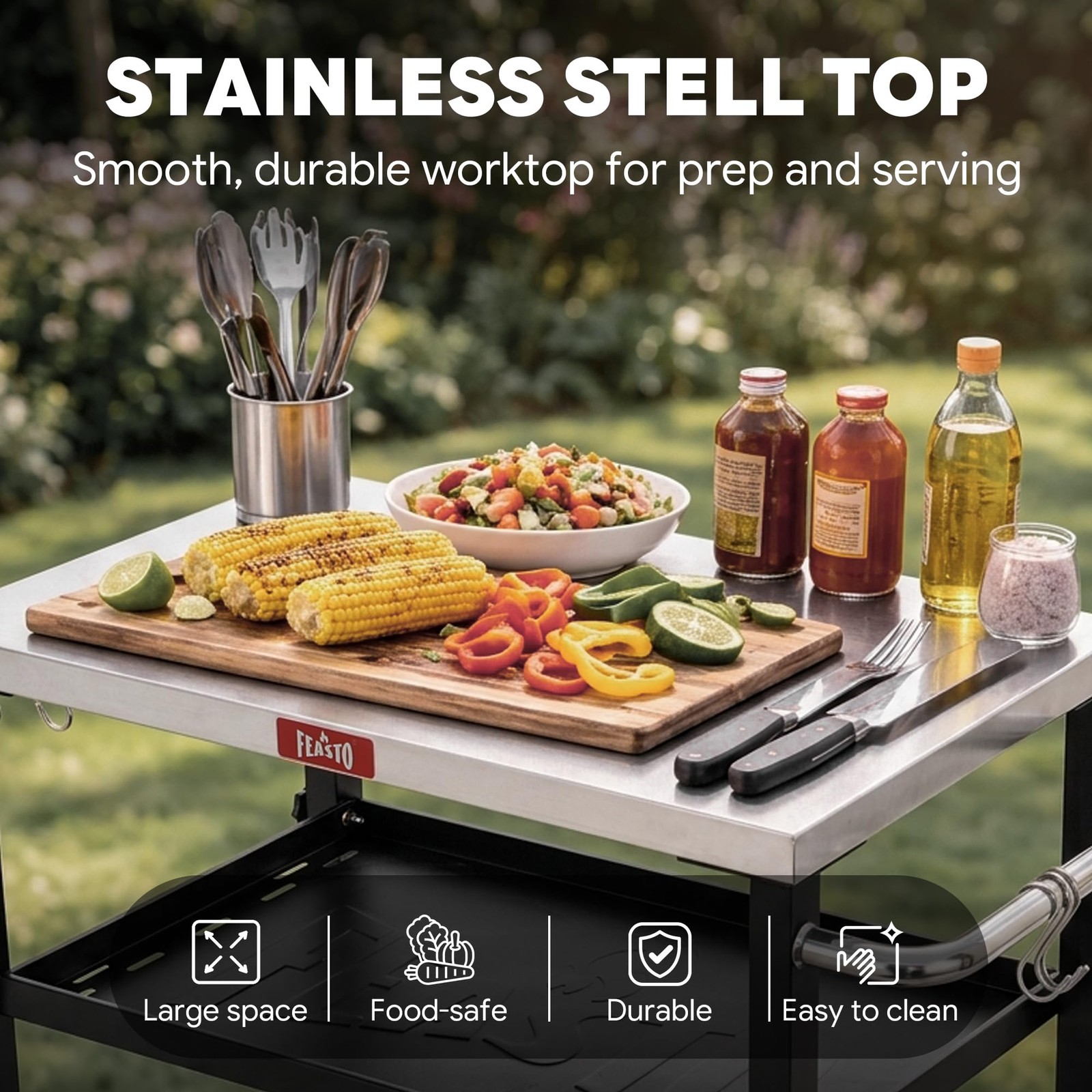 Feasto 3-Tier Outdoor Grill Cart, Rolling Pizza Oven Compact, Stainless Steel