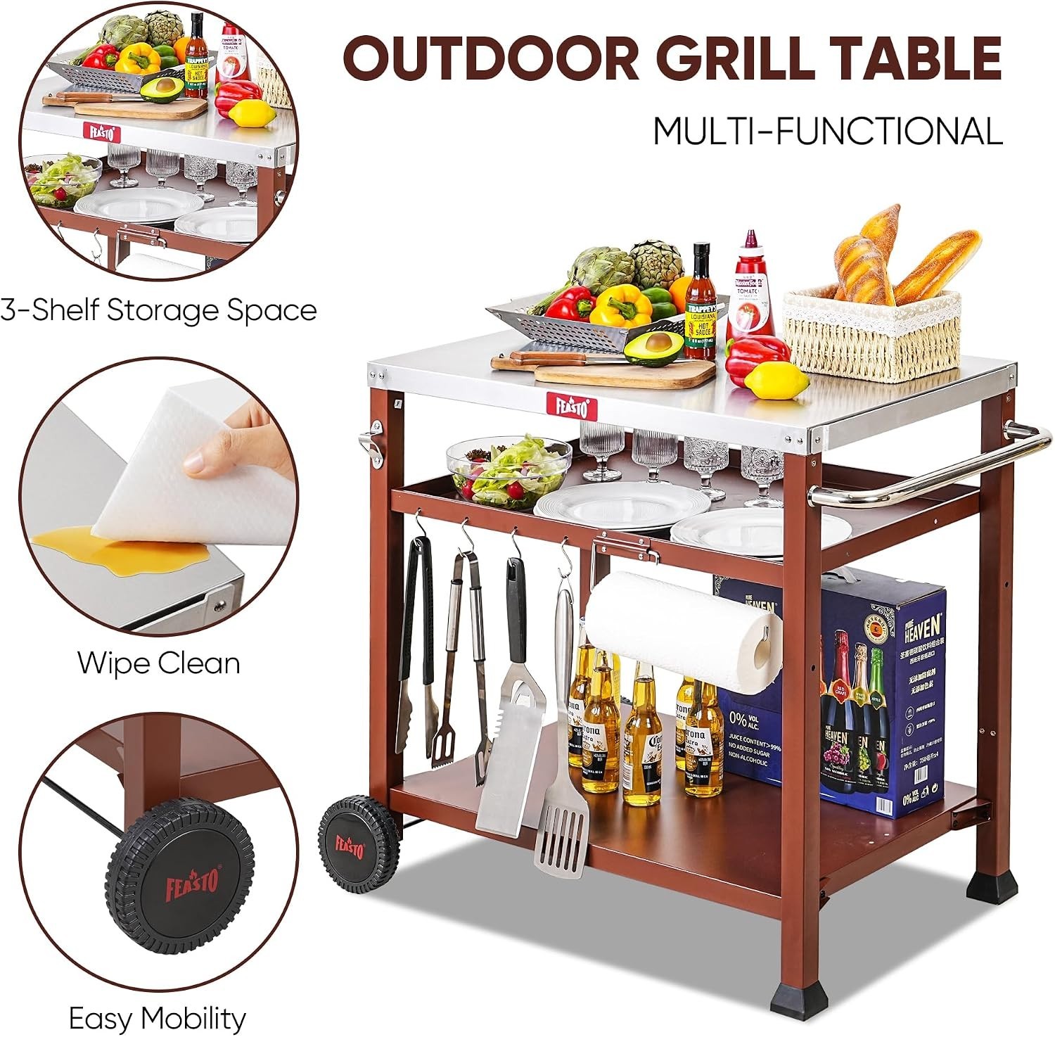 Multifunctional Grill Cart with 33.5″ Stainless Surface & Large Storage Capacity