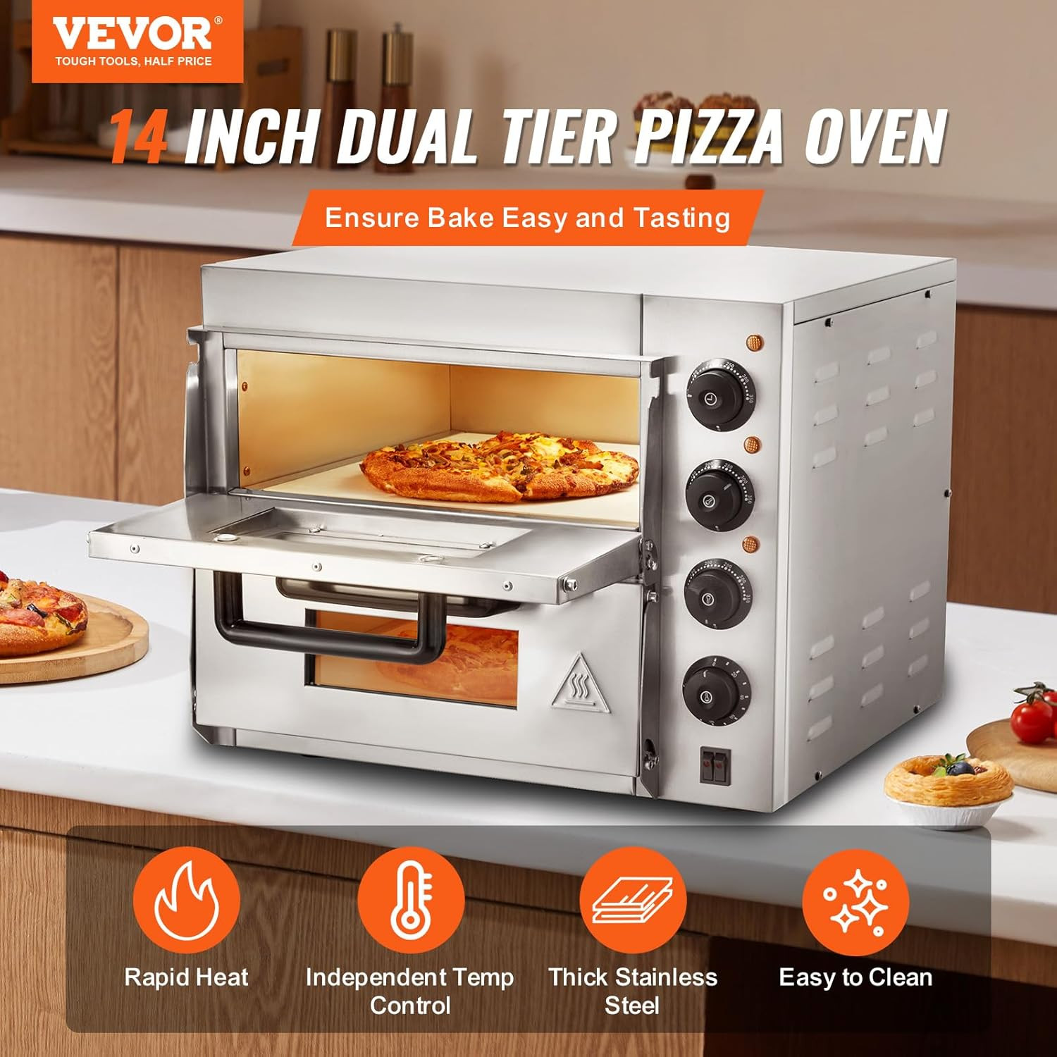 14″ Double Deck Stainless Steel Electric Pizza Oven for Home & Restaurant