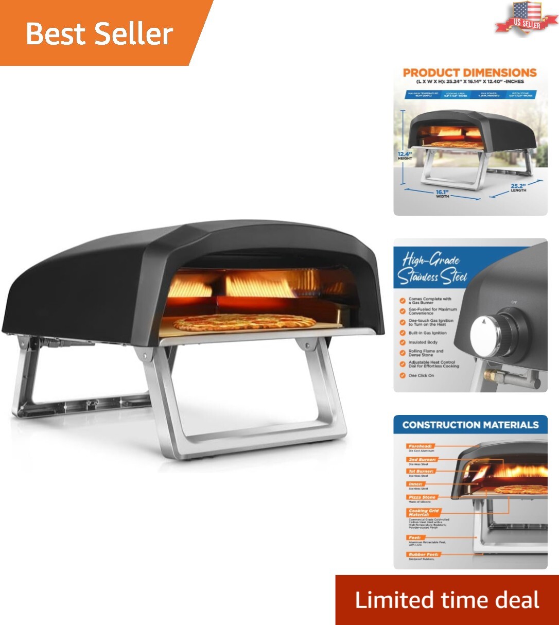 Stainless Steel Portable Pizza Oven – Cooks Perfect 12″ Pizzas Quickly