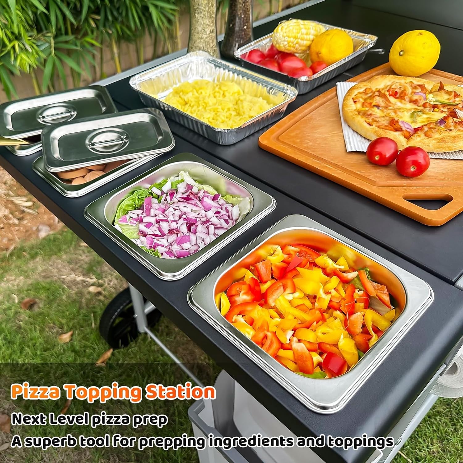Pizza Oven Table Grill Cart with Wheels Storage Shelf Hooks