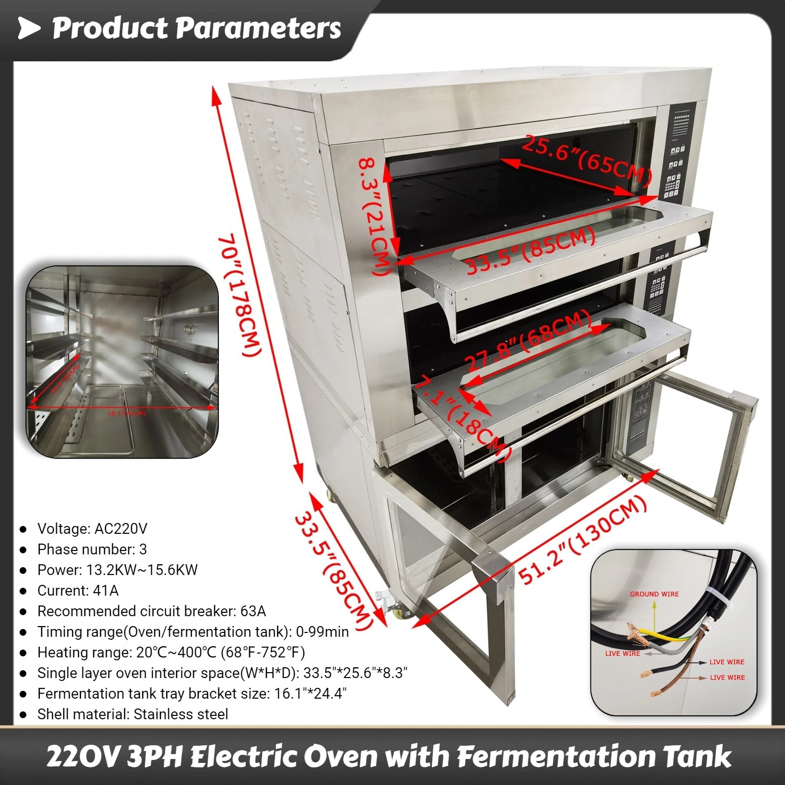 220V 3PH Commercial Movable Electric Oven with Fermentation Tank 68℉-752℉