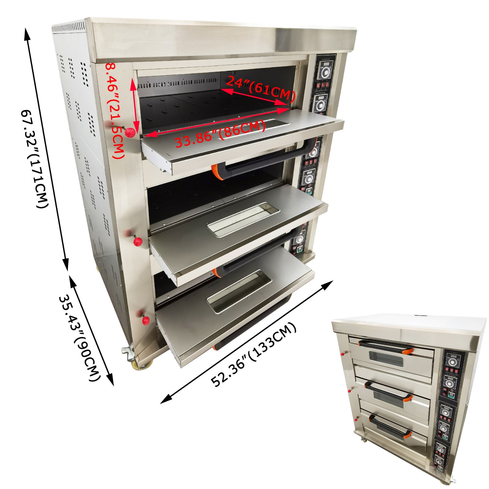 110V Gas Heating Commercial Movable Electric Triple Pizza Oven 6 Baking Sheets