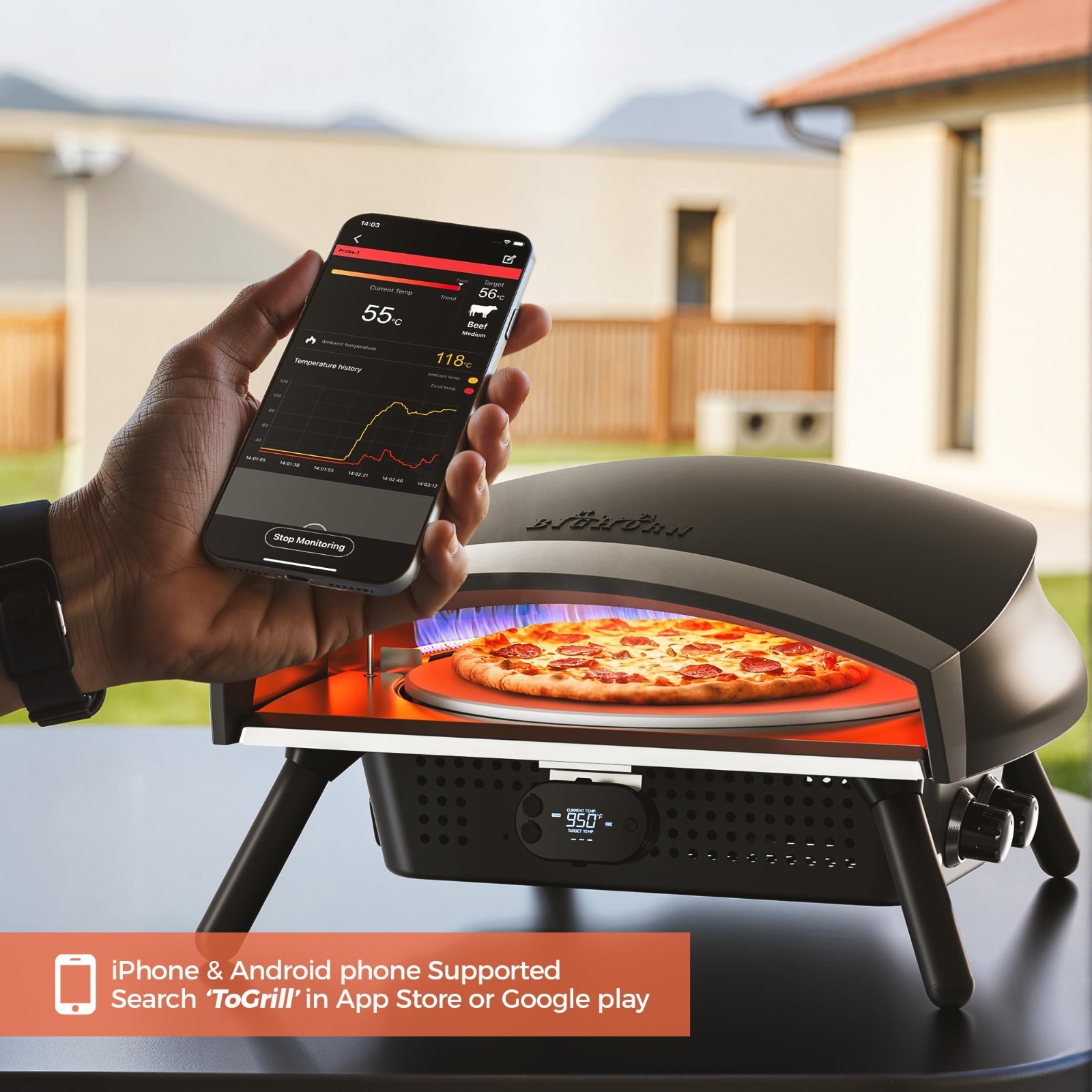 BIG HORN 16″ Propane Pizza Oven with Rotating Stone, Thermometer & Peel