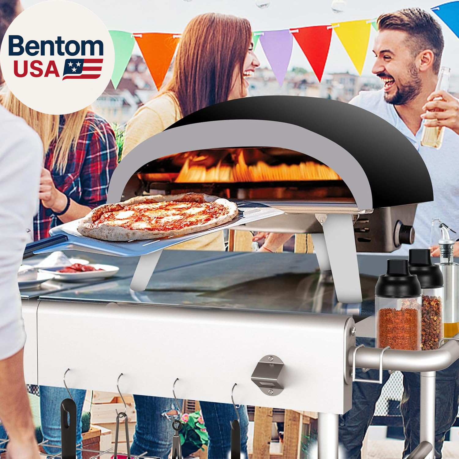Pizza Oven Table Grill Cart with Pizza Topping Station Movable Food and Prep Wor