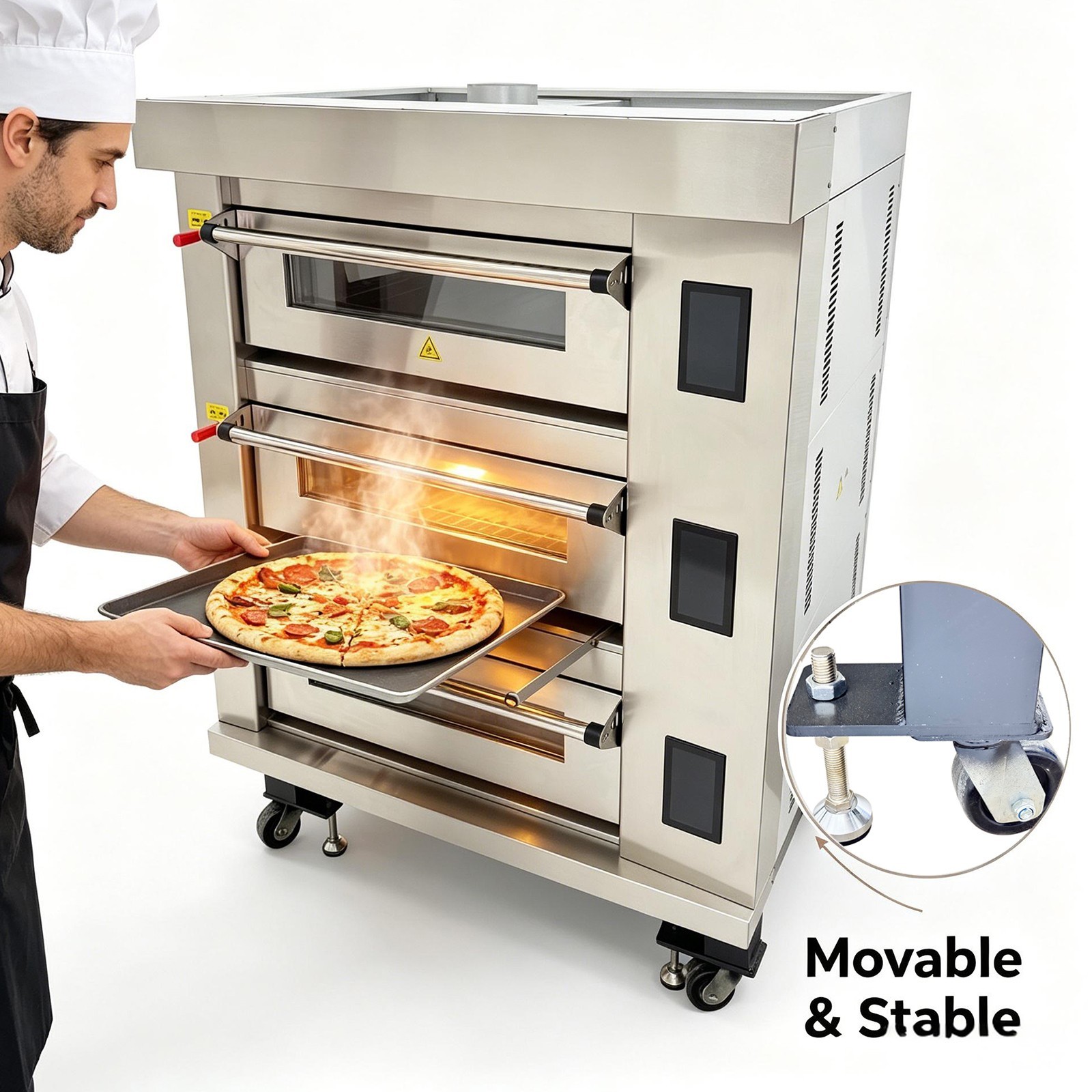 Commercial Movable Electric Triple Pizza Oven LCD Touch Screens 220V 3-Phase