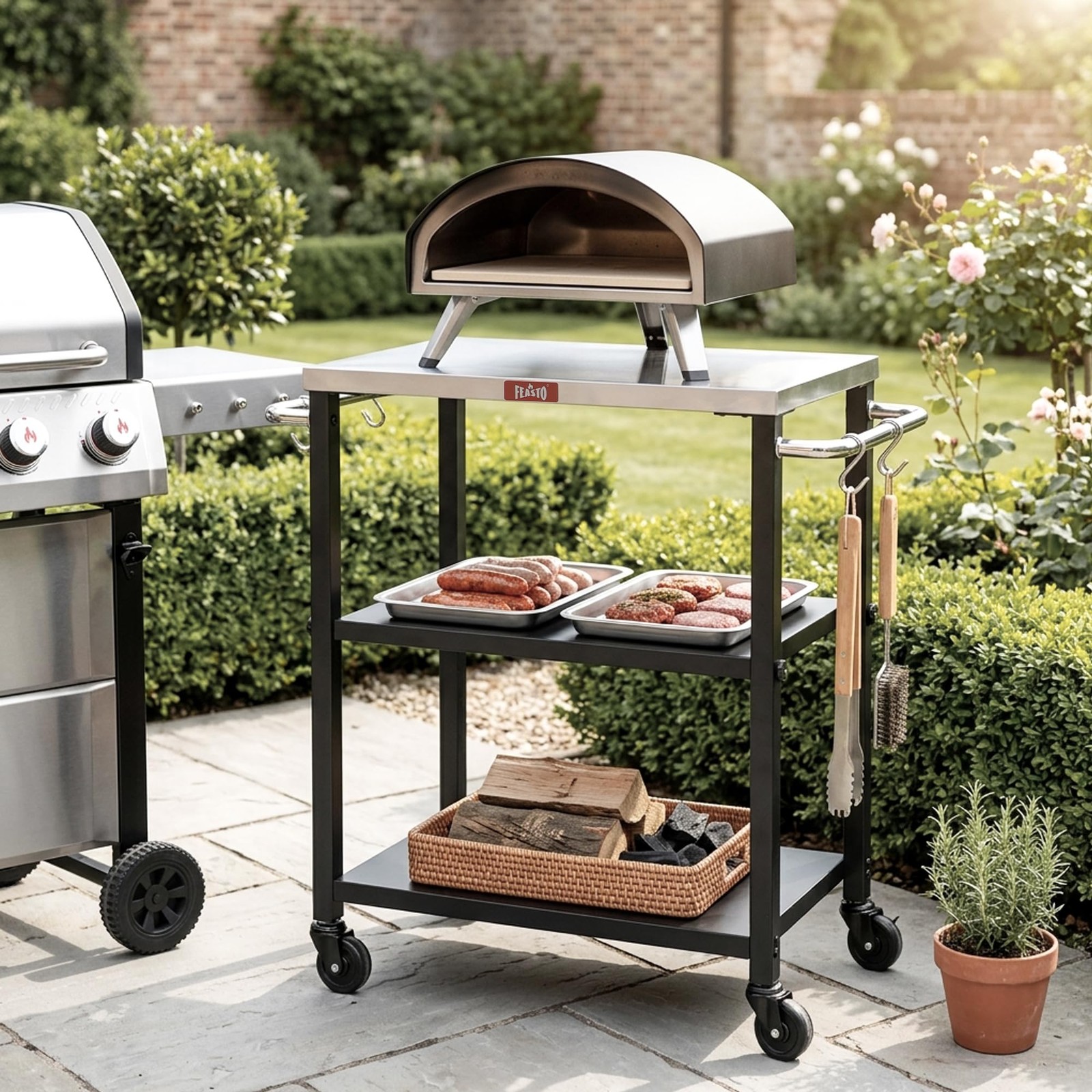 Feasto 3-Tier Outdoor Grill Cart, Rolling Pizza Oven Compact, Stainless Steel