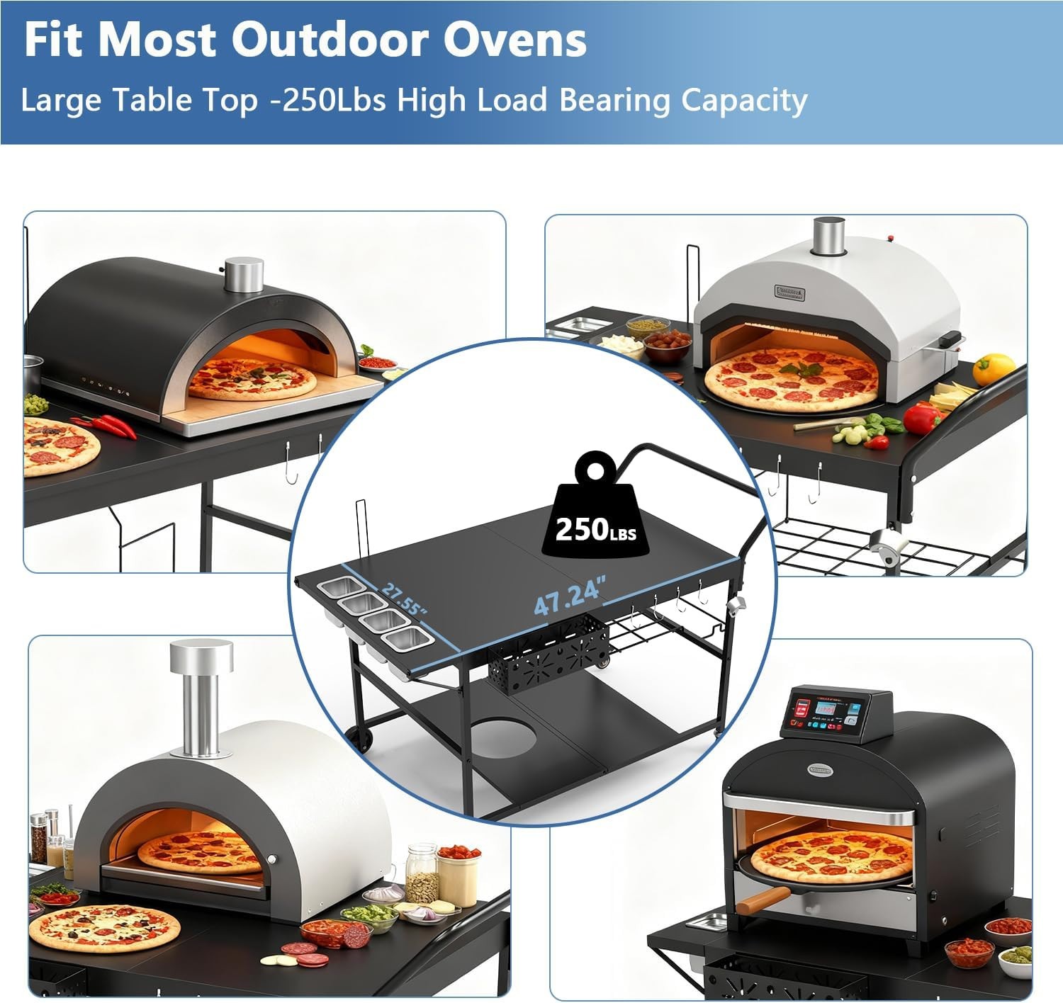 47″ Outdoor Pizza Oven Table with Wheels, Heavy Duty Pizza Oven Cart with Propan