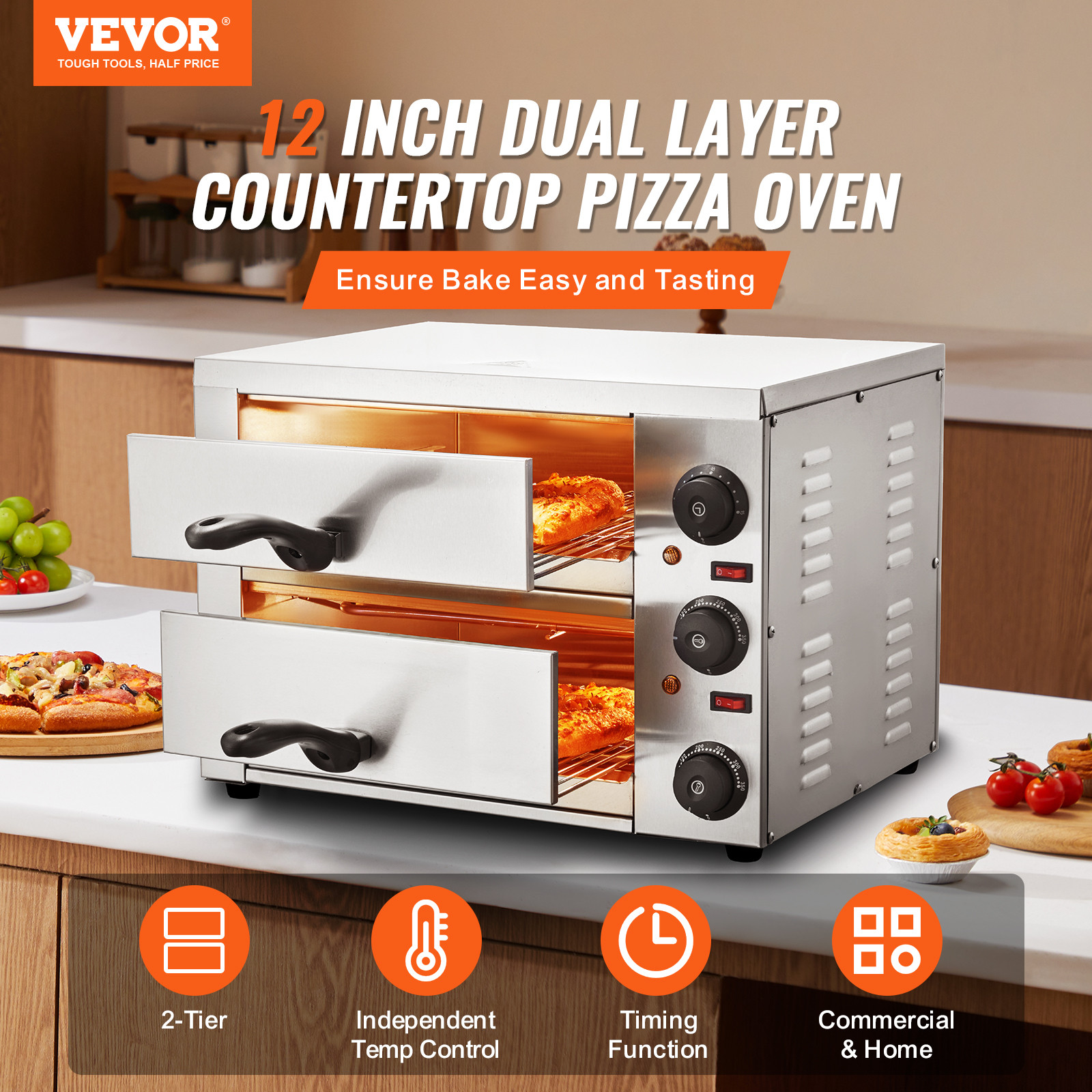 VEVOR Electric Countertop Pizza Oven 12″ Adjustable Temperature 0-120Min Timer