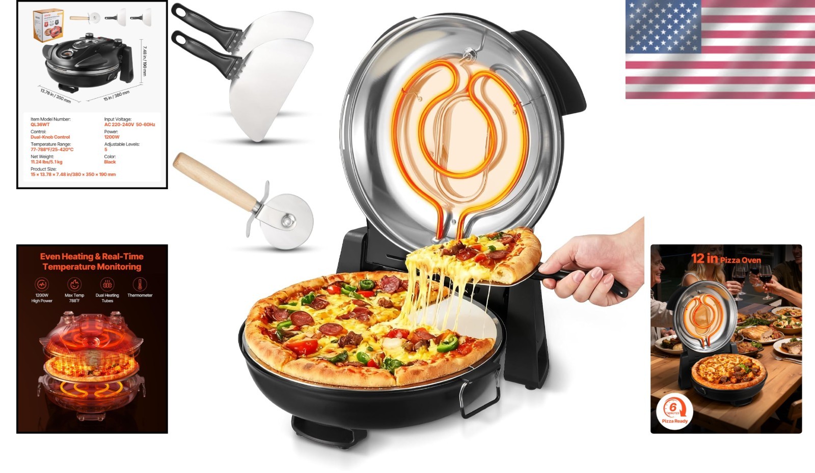 Crispy Pizza Maker: 12-Inch Electric Oven with 5 Heat Levels & Viewing Window