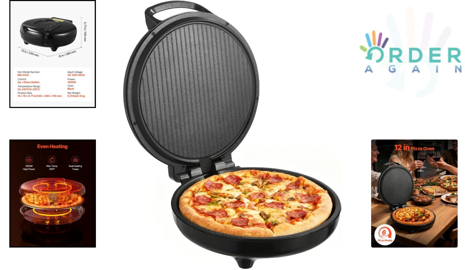 Electric Pizza Oven 12 Inch Non-Stick Coating Dual-Side Baking Multi-Function