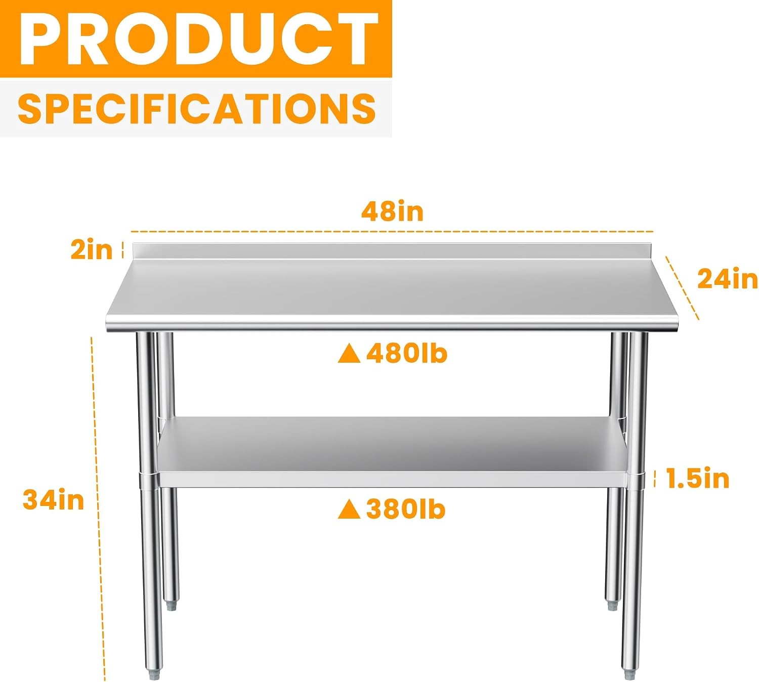 Stainless Steel Table Prep & Work 24 x 48 in Metal Commercial Heavy Duty Table
