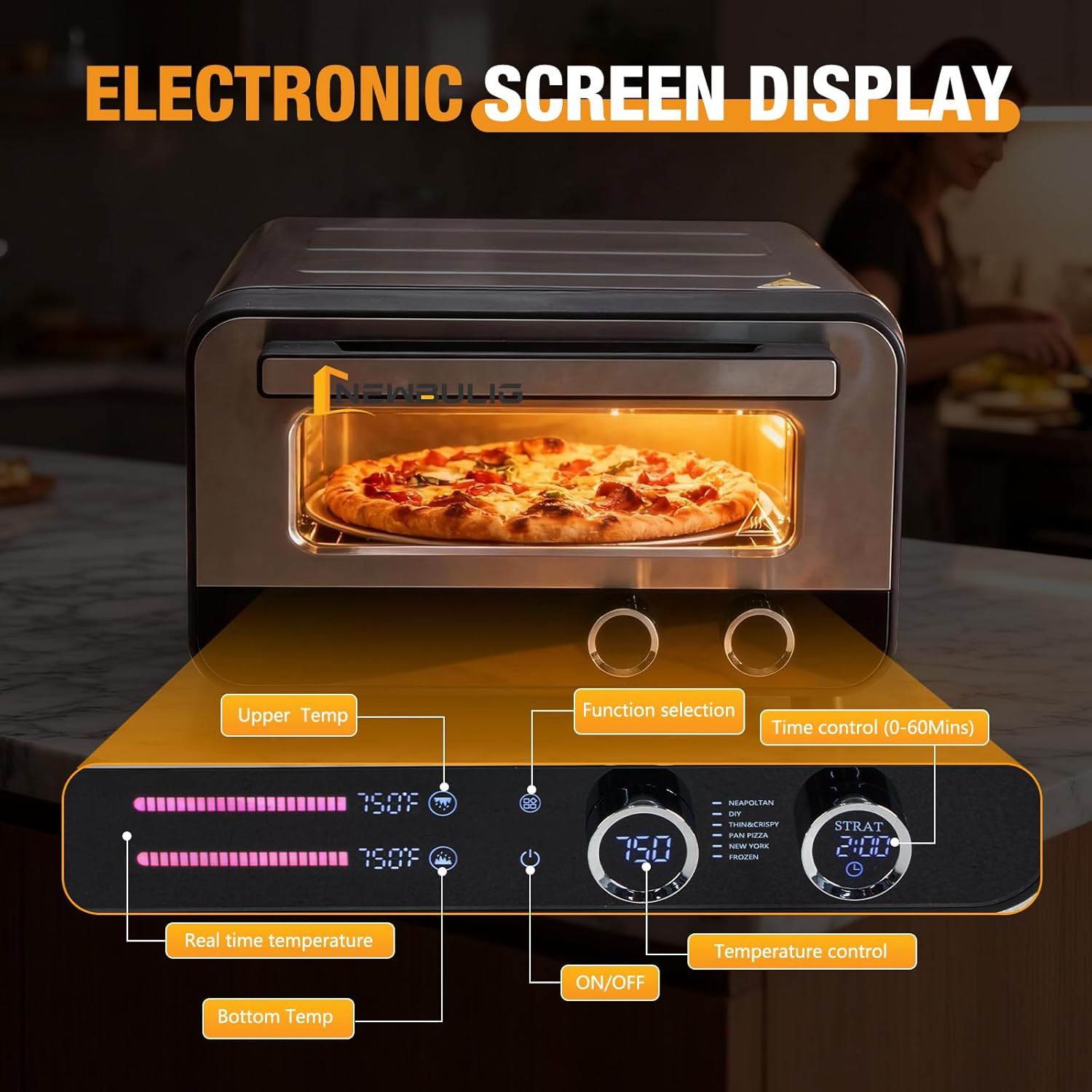 Electric Pizza Oven with Digital Display 1600W, 6 Preset Functions, 750°F High H