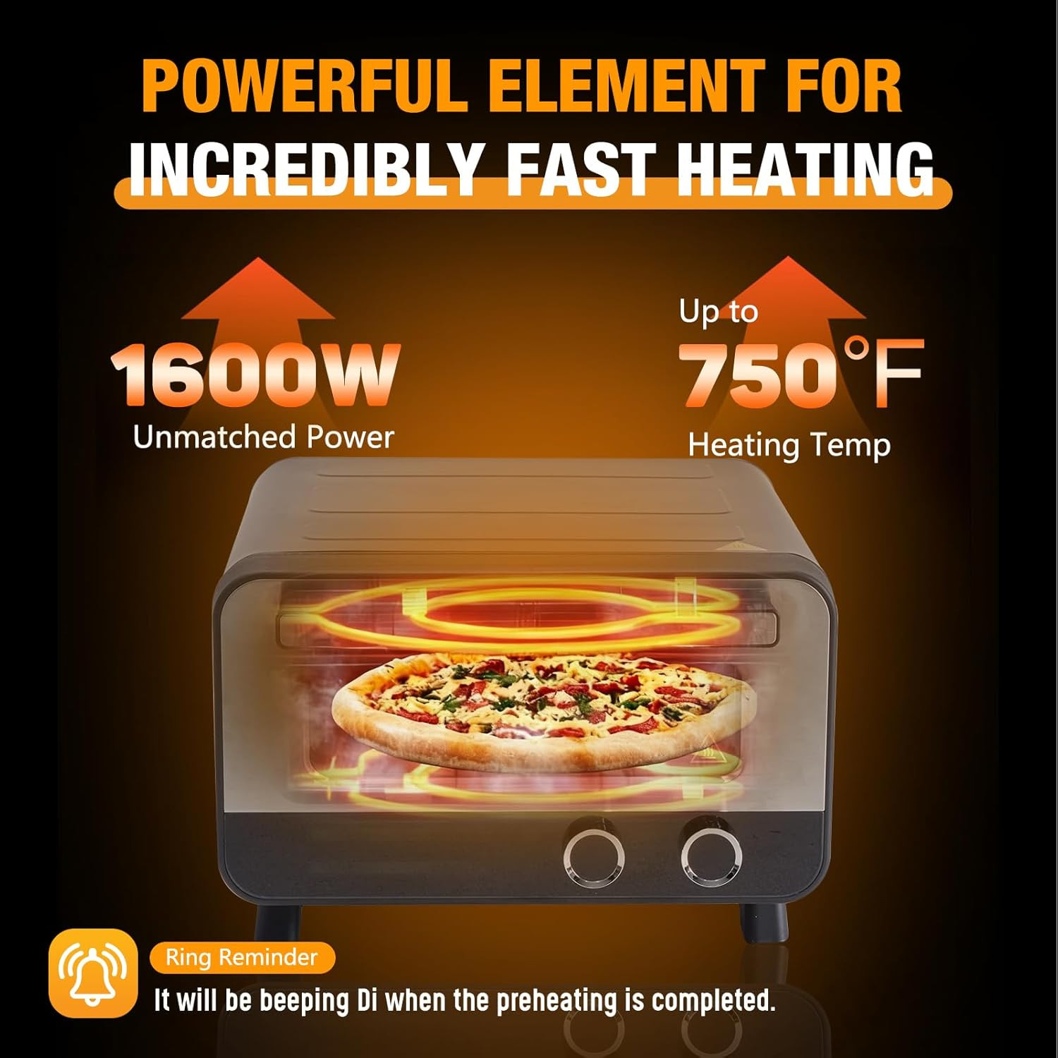 Electric Pizza Oven with Digital Display 1600W, 6 Preset Functions, 750°F High H