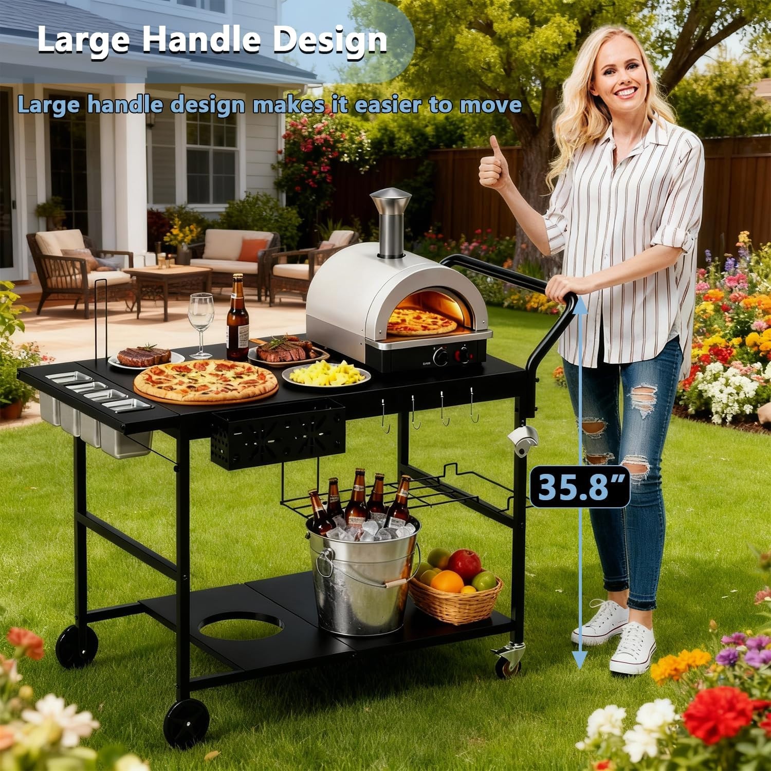 47″ Outdoor Pizza Oven Table with Wheels, Heavy Duty Pizza Oven Cart with Propan