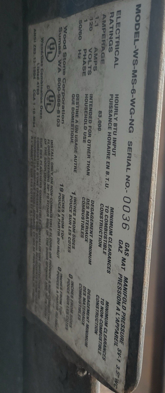 WOODSTONE MT. ADAMS WS-MS-6-RFG-IR-NG PIZZA stone hearth GAS OVEN