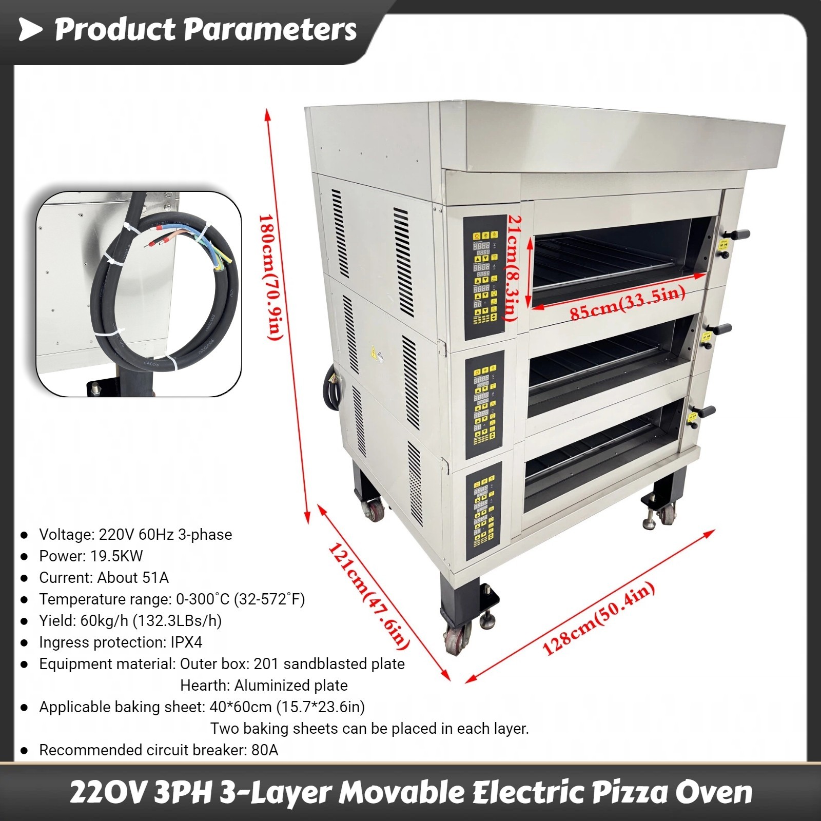220V 3PH Commercial Movable Electric Pizza Oven 3-Layer Baking Oven 0-300˚C