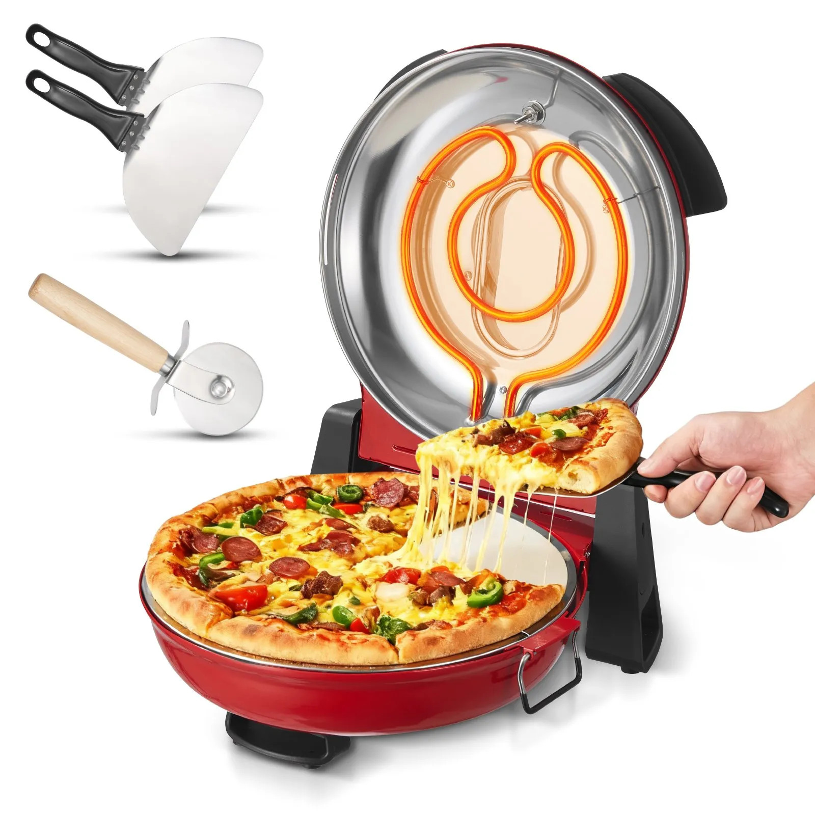 12″ Electric Pizza Oven 1200W Maker w/ Stone 5-Mode Temp Control for Home Red