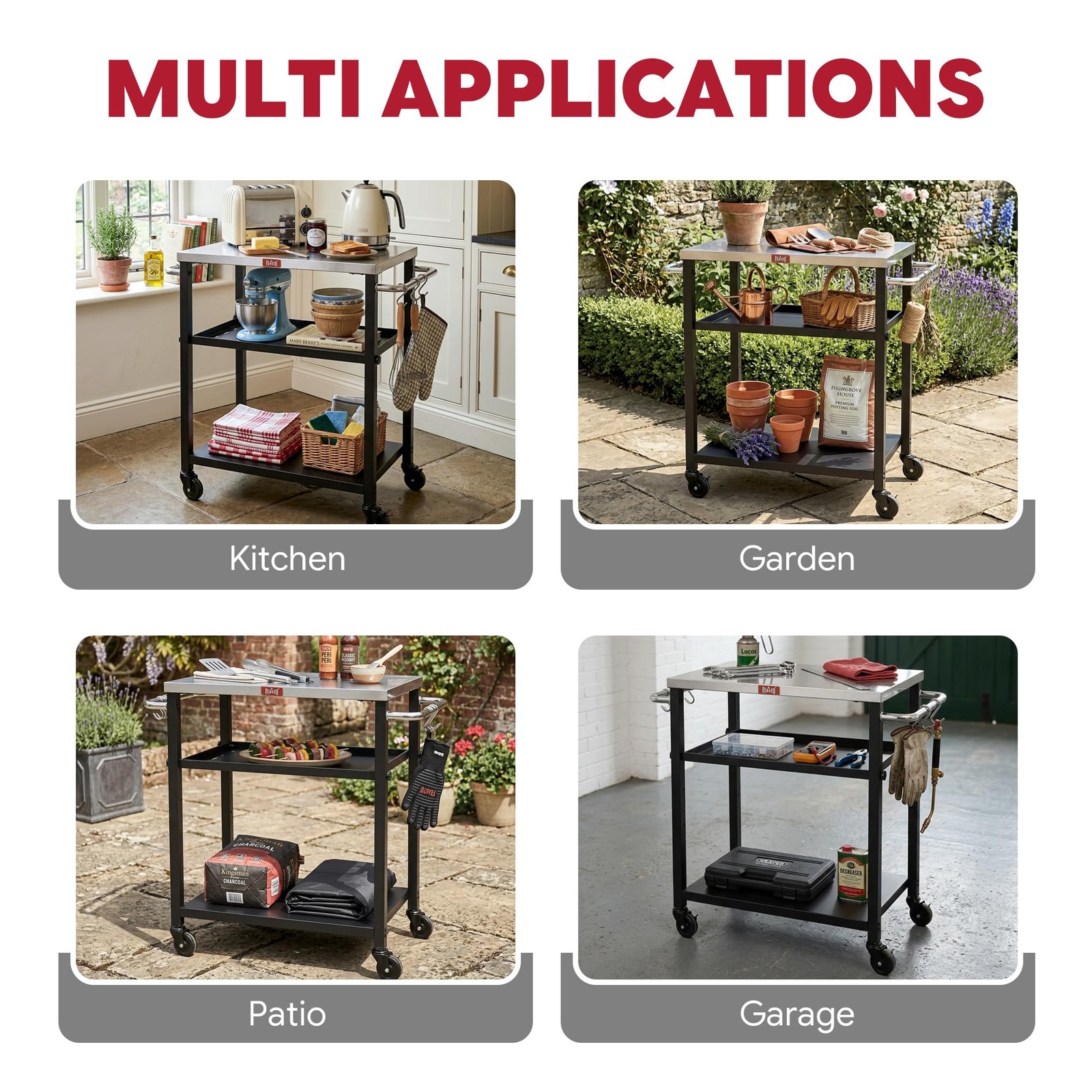 Feasto 3-Tier Outdoor Grill Cart, Rolling Pizza Oven Compact, Stainless Steel