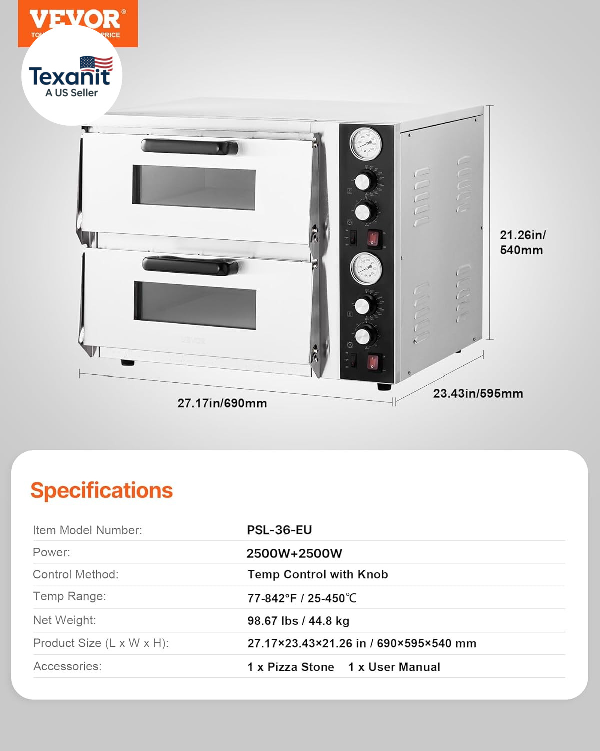 Pizza Oven Electric, 18″ Double-Deck Commercial Countertop Pizza Oven, 842°F Max