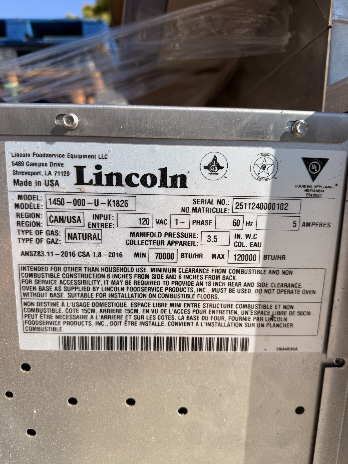 Lincoln 1450-000-U 78″ Gas Impinger Conveyor Pizza Oven – Natural Gas