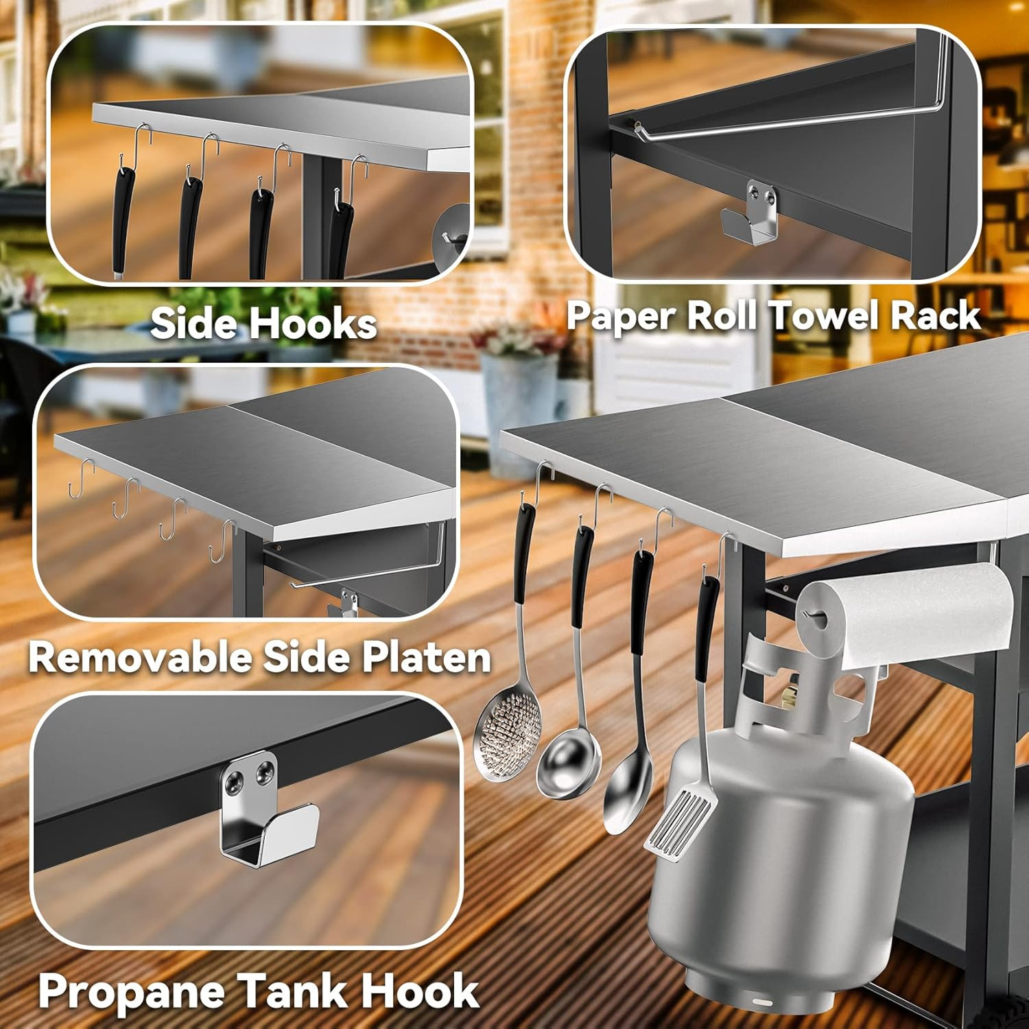 Heavy Duty Pizza Oven Table & BBQ Prep Cart, Stainless Steel Rolling Grill Cart