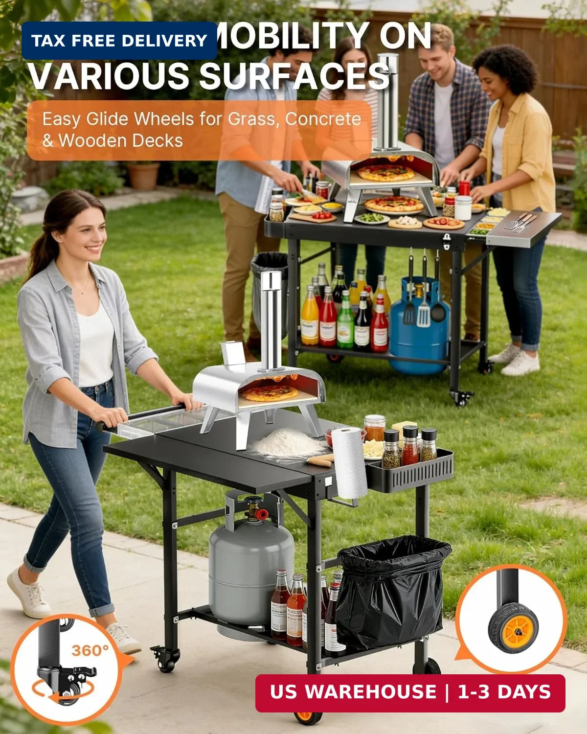 Outdoor Pizza Oven Table, Portable Pizza Oven Cart with Topping Station, Heavy D
