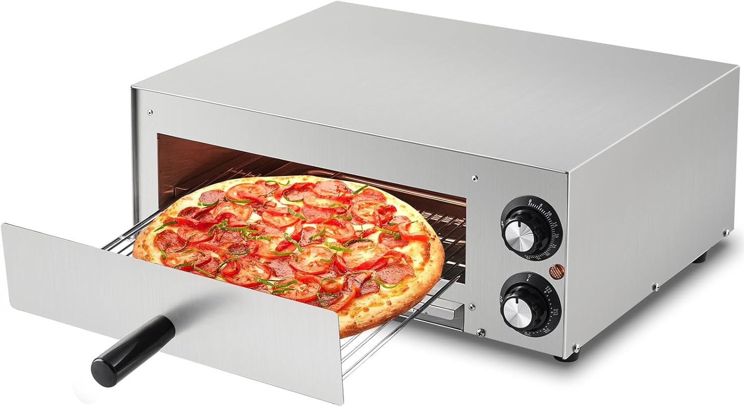 110V Electric Pizza Oven 1100W Dual Heating Timer Stainless Steel Removable Tray