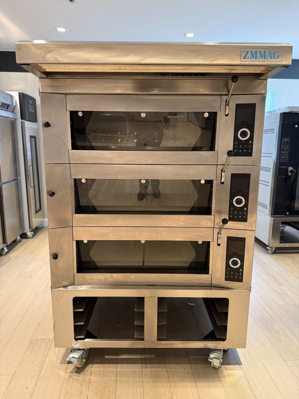 European 3-Deck Commercial Bakery Stone Oven, Single Phase, + Cart & Exhaust