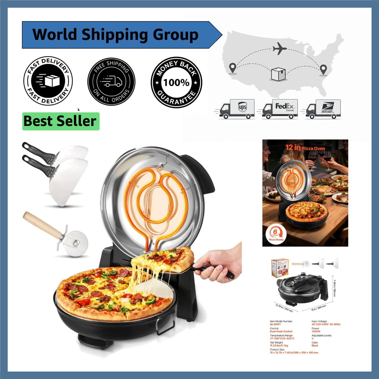 Crispy Pizza Maker: 12-Inch Electric Oven with 5 Heat Levels & Viewing Window