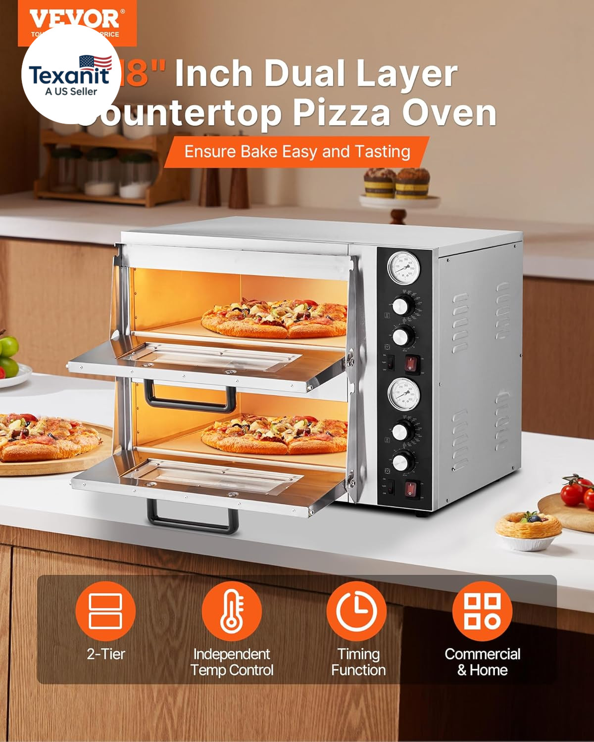 Pizza Oven Electric, 18″ Double-Deck Commercial Countertop Pizza Oven, 842°F Max