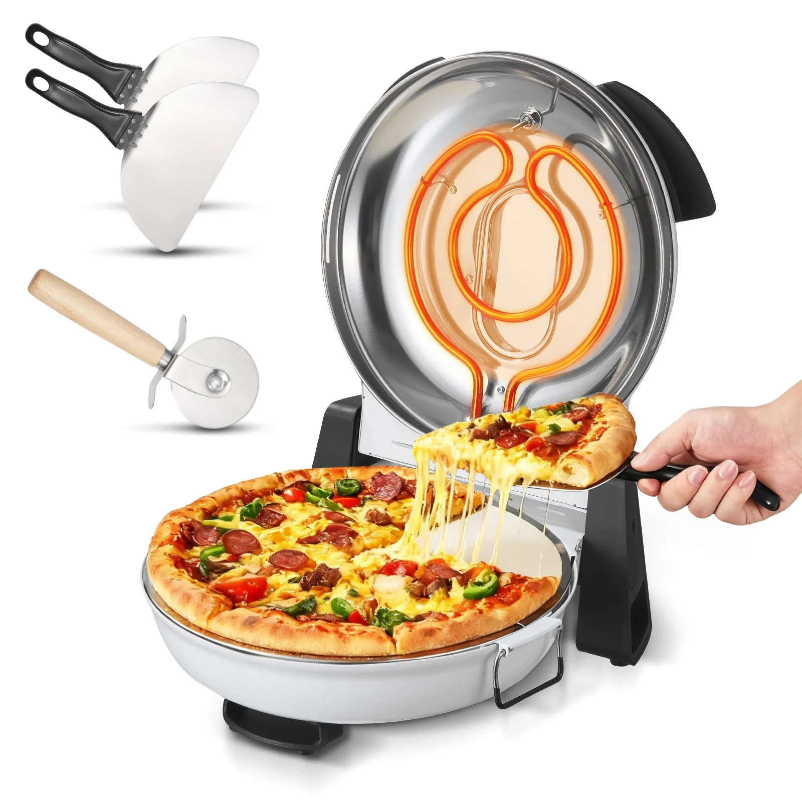 12″ Electric Pizza Oven 1200W Maker w/Stone 5-Mode Temp Control Home White