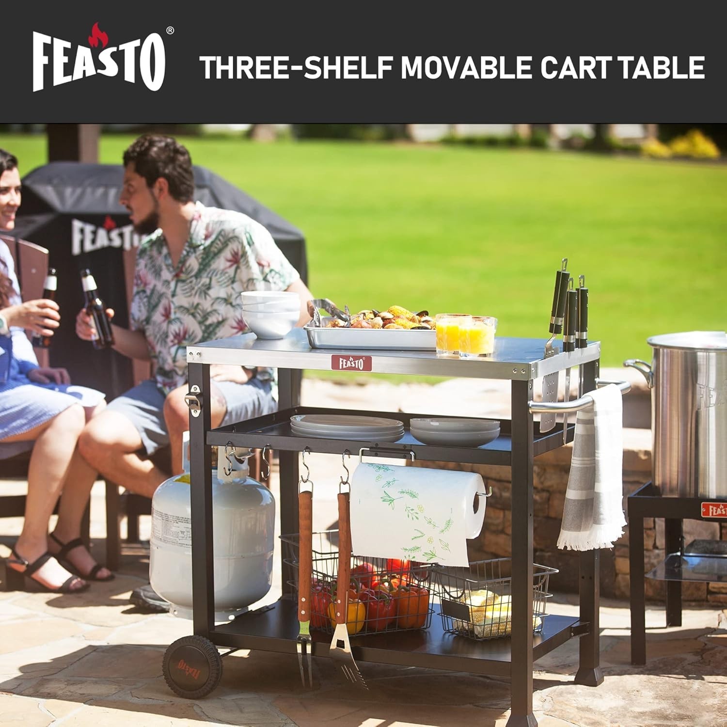 Versatile 3-Shelf BBQ Prep Station with 33.5” Stainless Steel Surface