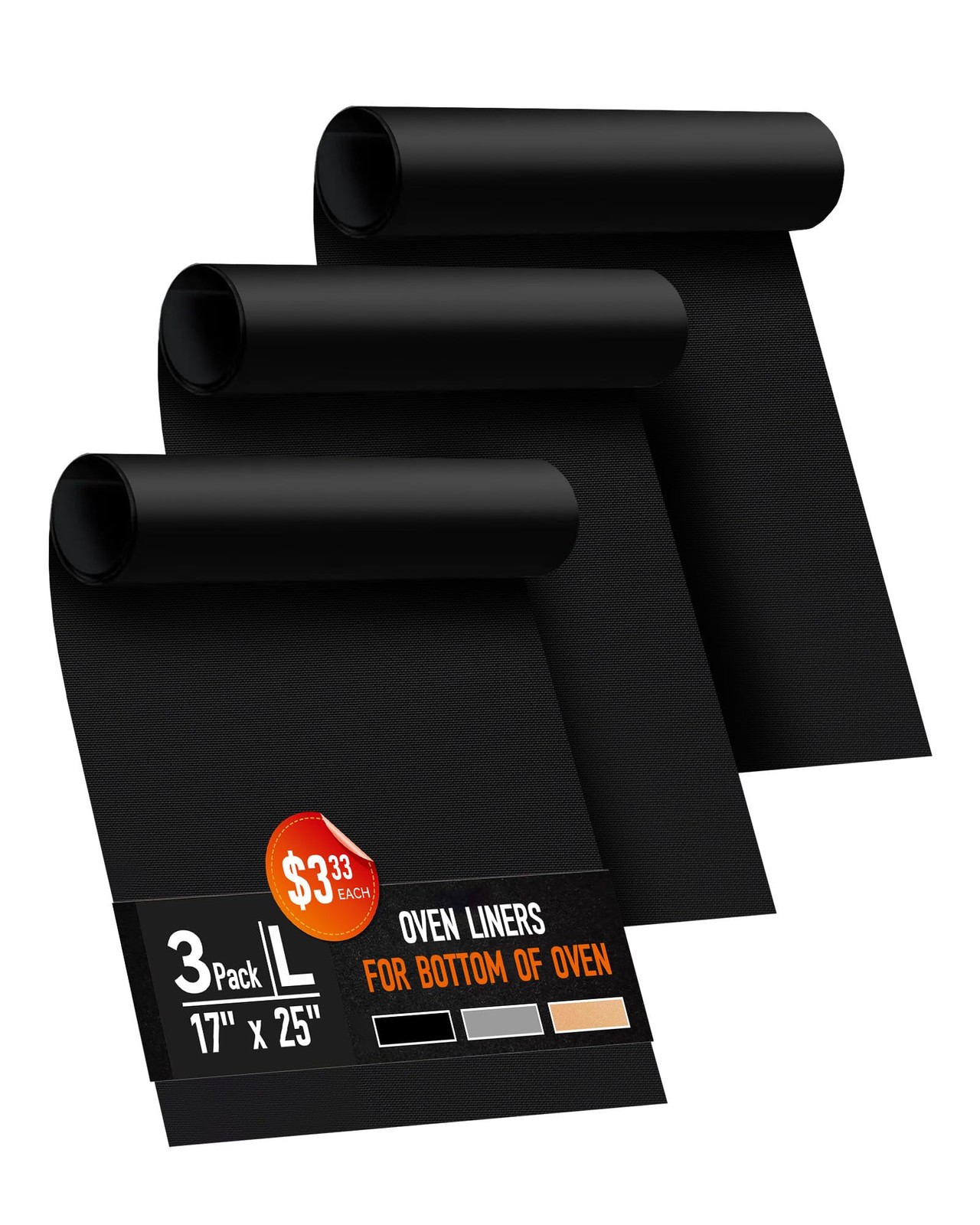 3 Pack Oven Liners for Bottom of Oven, 17×25″ Large 3 17”x25”, Black