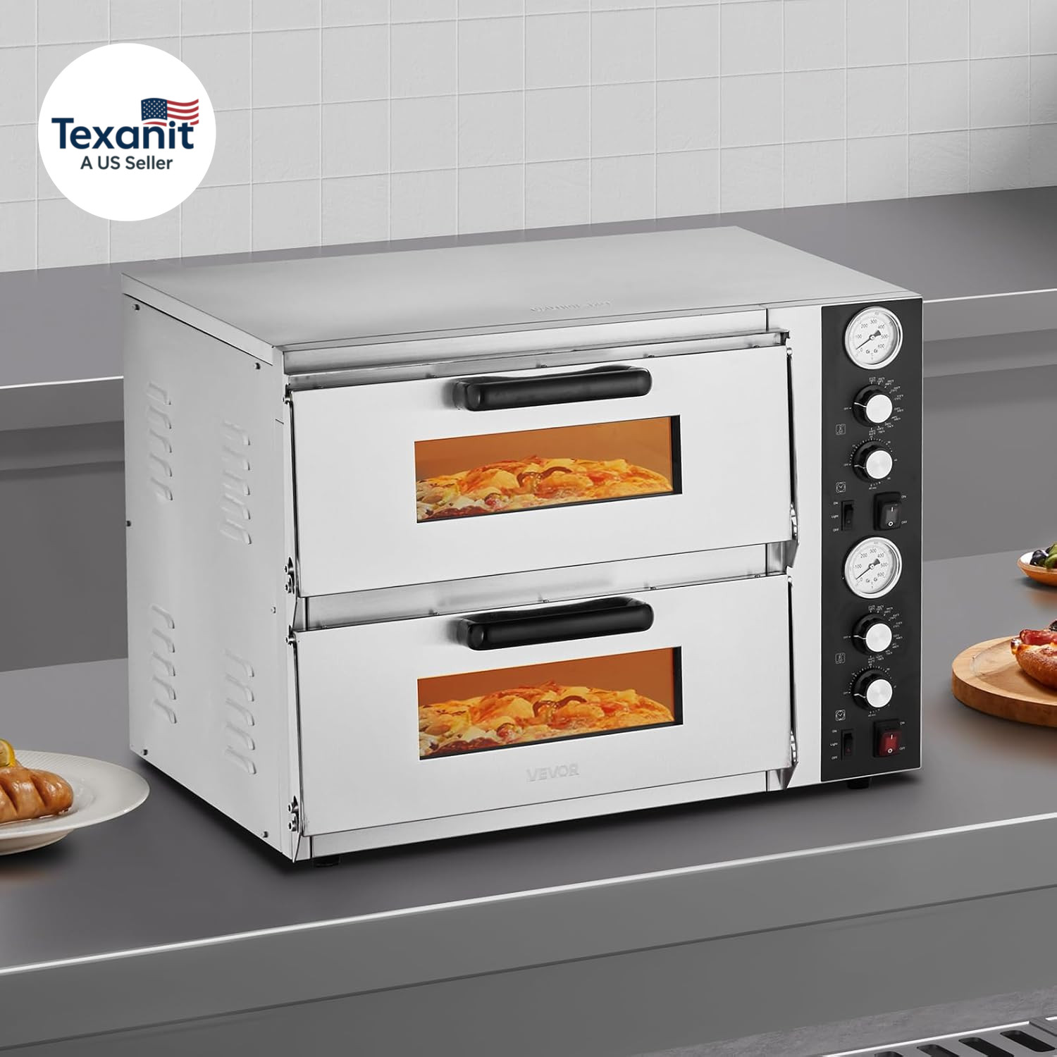 Pizza Oven Electric, 18″ Double-Deck Commercial Countertop Pizza Oven, 842°F Max