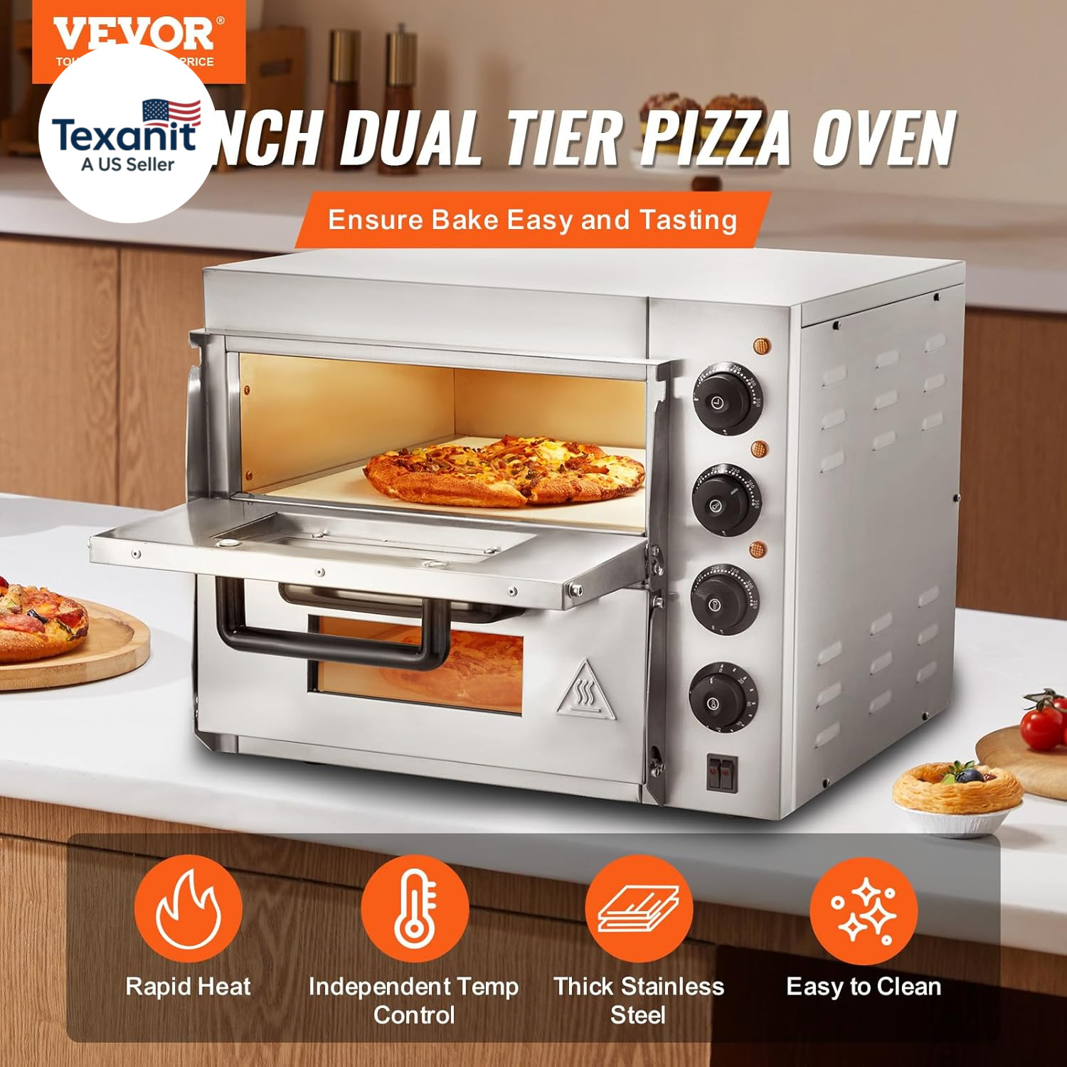 Commercial Pizza Oven Countertop, 14″ Double Deck Layer, Stainless Steel Electri