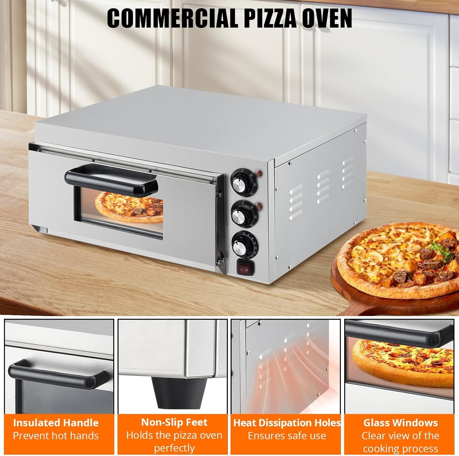 110V Electric Pizza Oven 1100W Dual Heating Timer Stainless Steel Removable Tray
