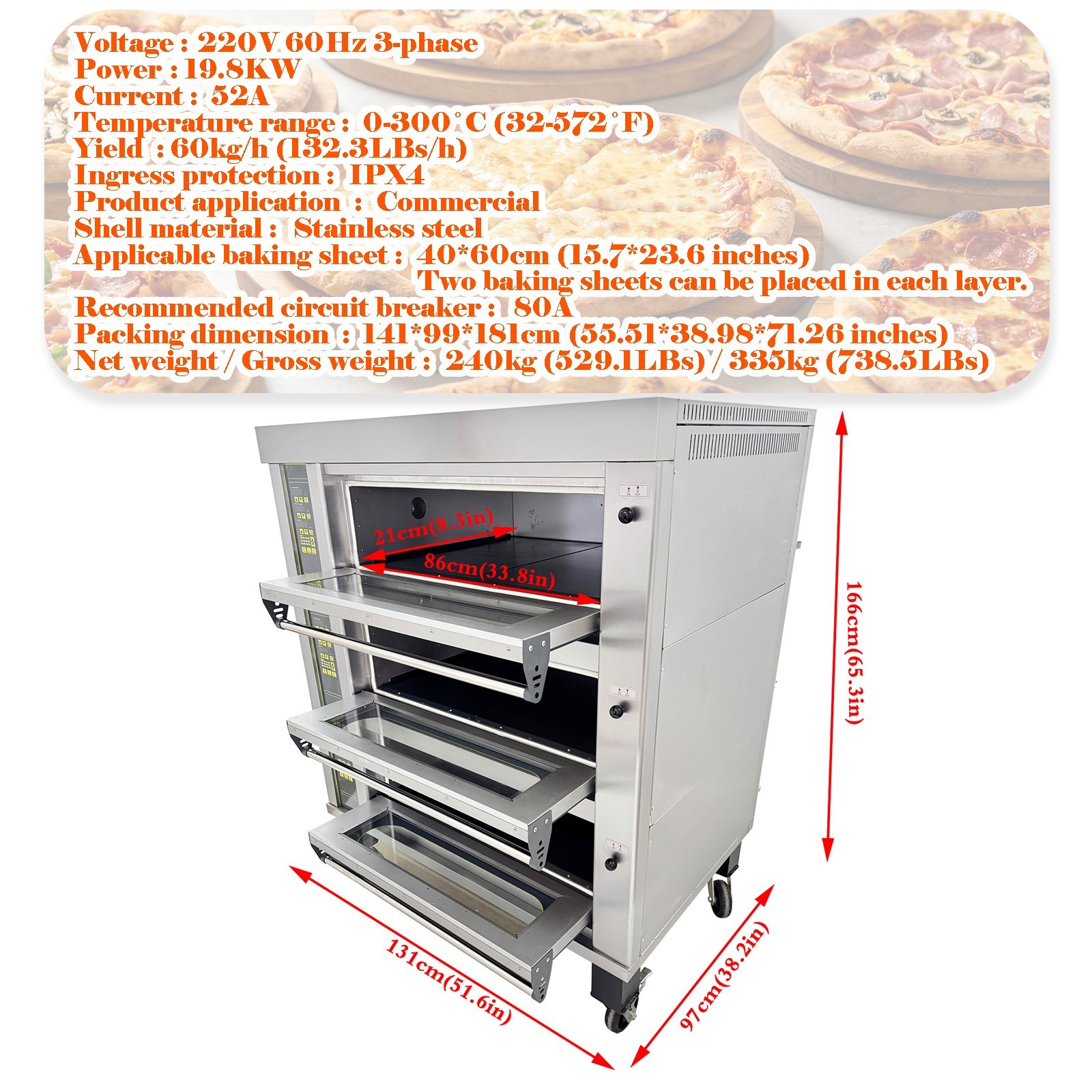 220V 3 Layers Commercial Electric Pizza Oven 3PH Movable Smart Pizza Oven