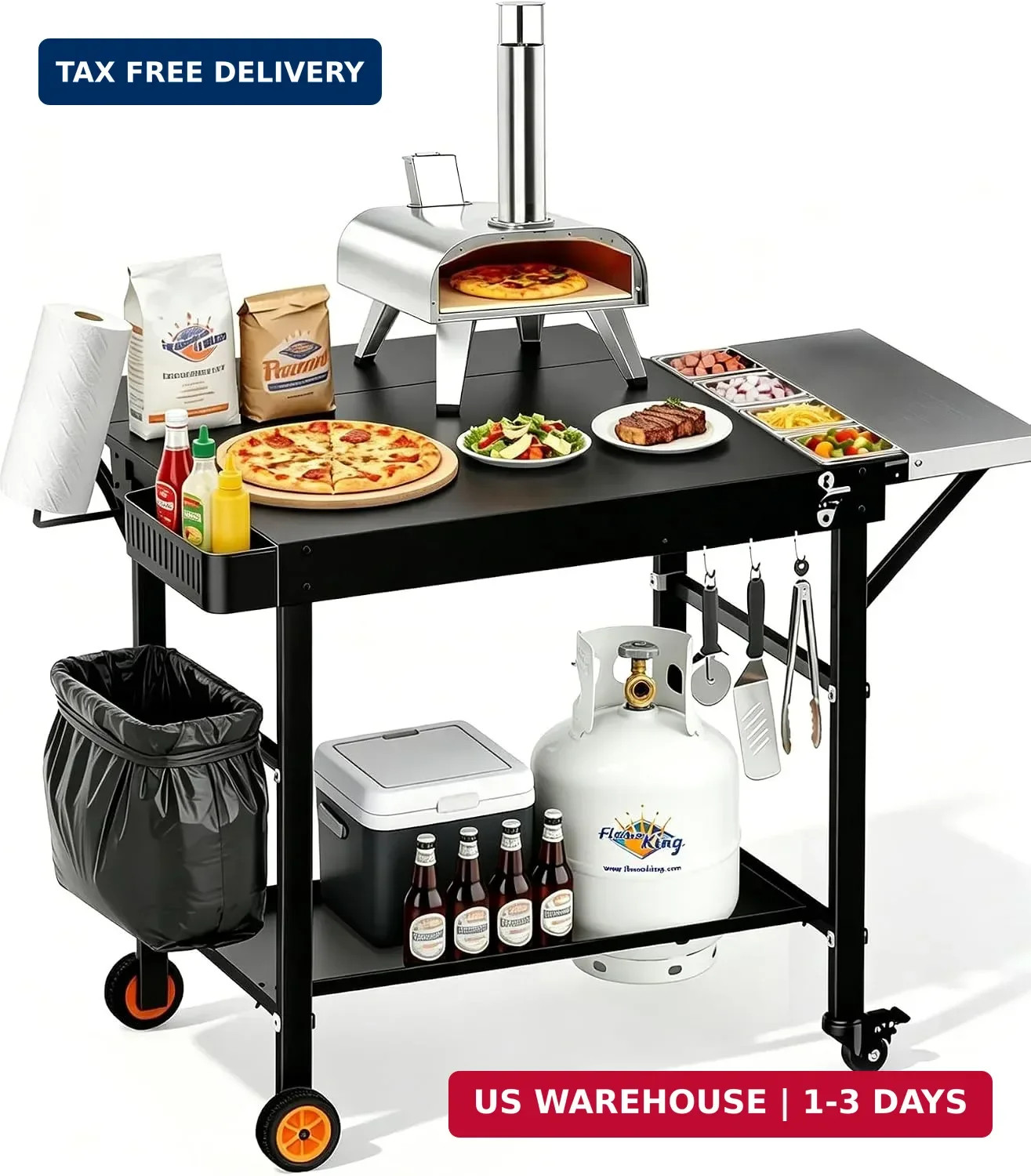 Outdoor Pizza Oven Table, Portable Pizza Oven Cart with Topping Station, Heavy D