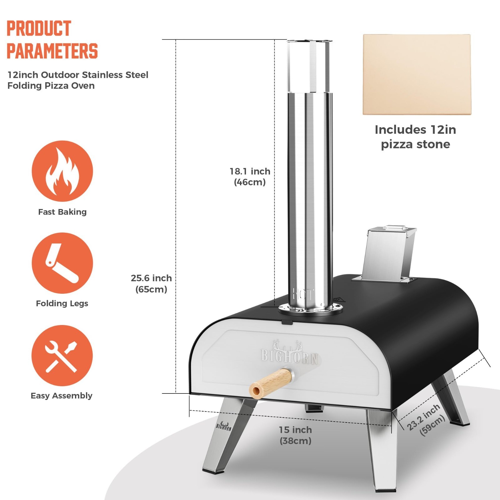 BIG HORN OUTDOORS 12″ Black Stainless Steel Pizza Ovens Wood Pellet Pizza Maker