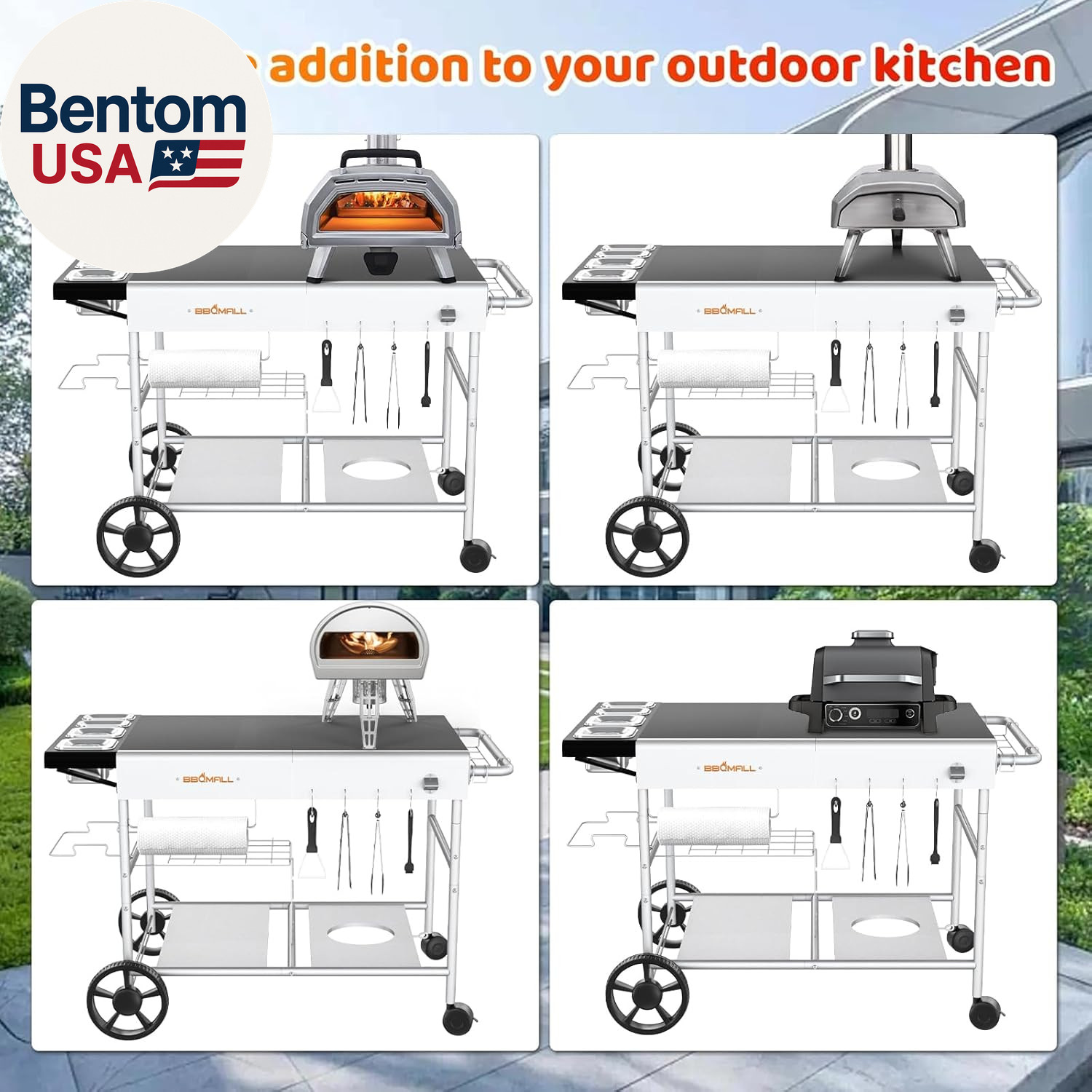 Pizza Oven Table Grill Cart with Pizza Topping Station Movable Food and Prep Wor