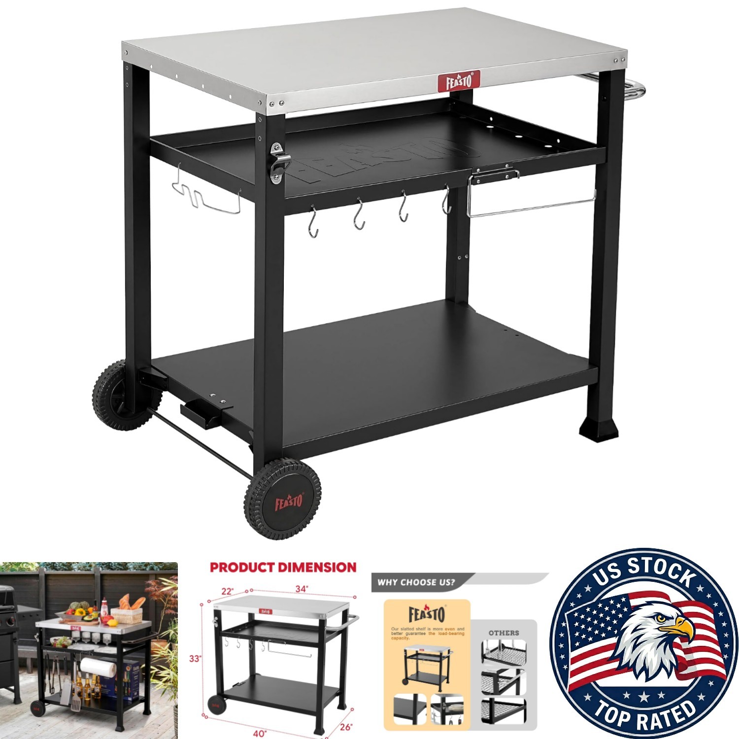 3-Shelf Outdoor Grill Cart & Pizza Oven Table – Elegant Black Steel Prep Station