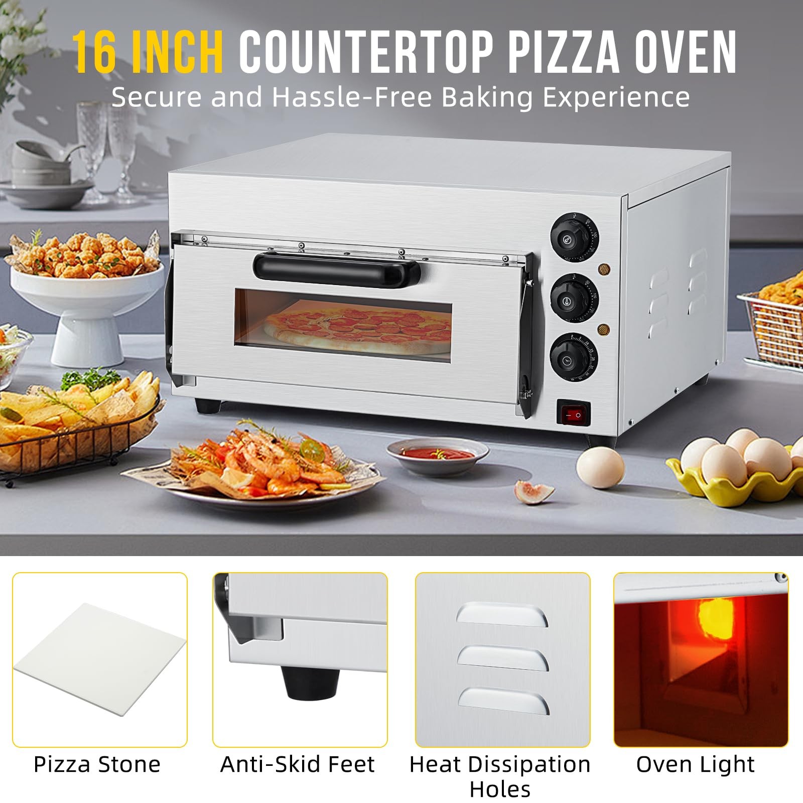 Electric Pizza Oven Countertop, 16 in Commercial Pizza Oven with Adjustable
