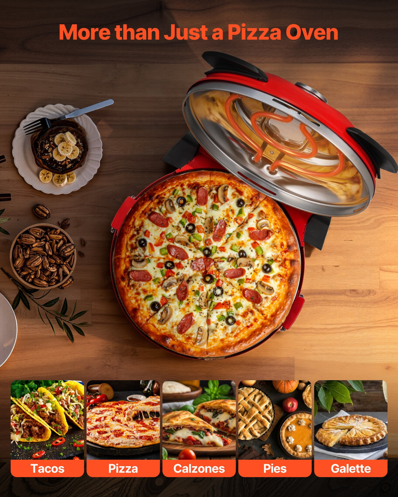 12″ Electric Pizza Oven 1200W Maker w/ Stone 5-Mode Temp Control for Home Red