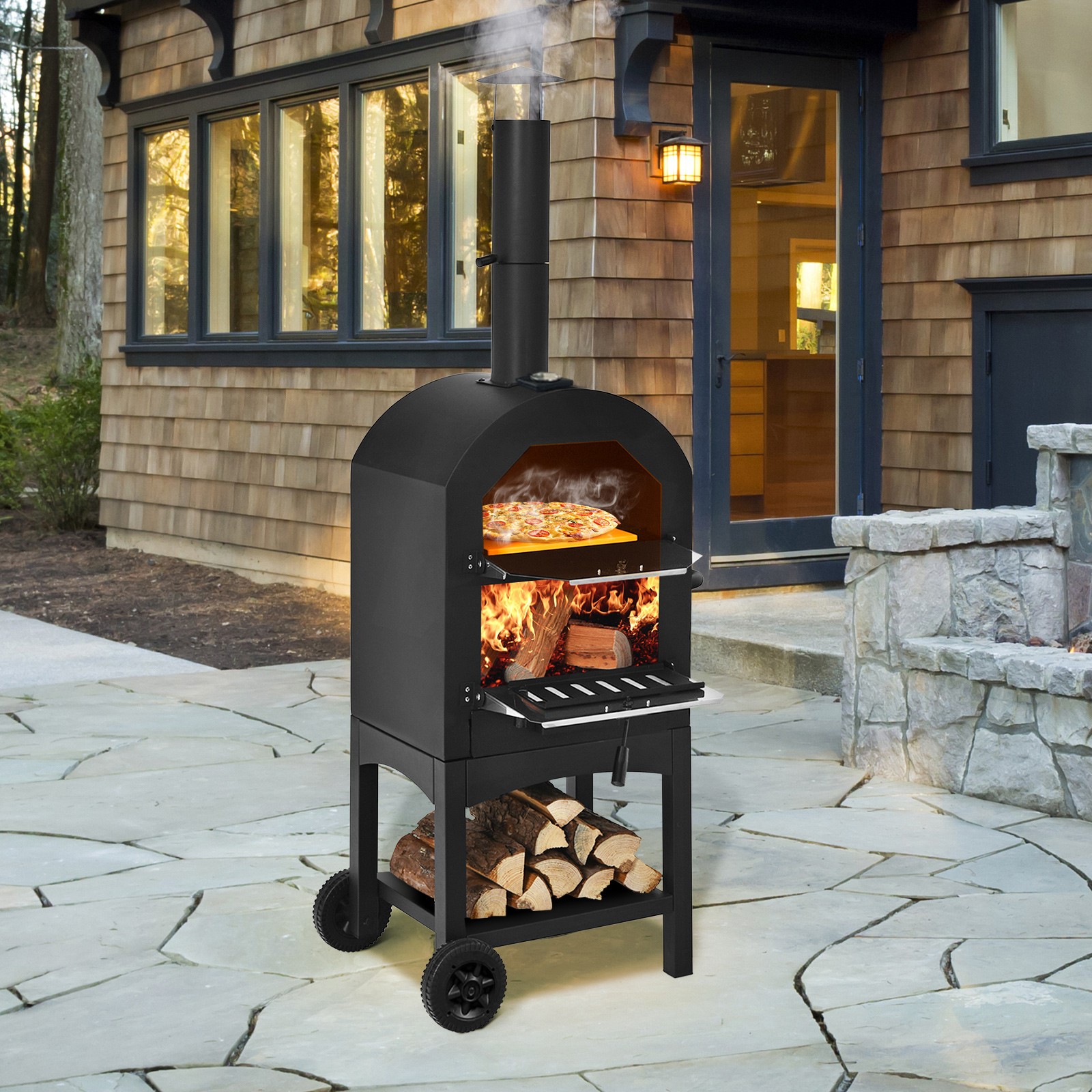 Outdoor Pizza Oven Wood Fire Pizza Maker Grill w/ Pizza Stone & Waterproof Cover