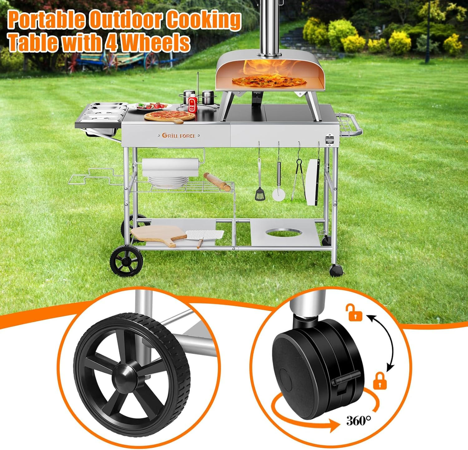Pizza Oven Table with Topping Station, Outdoor Pizza Oven Cart, Grill Table for