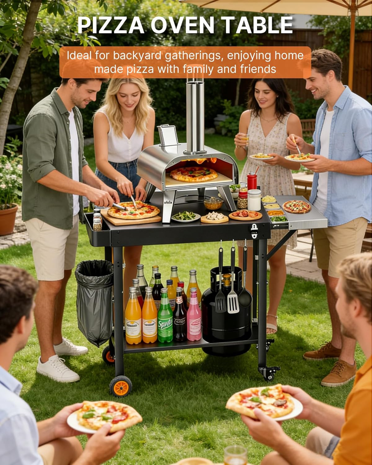 Outdoor Pizza Oven Table with Topping Station, Portable Pizza Oven Cart with BBQ