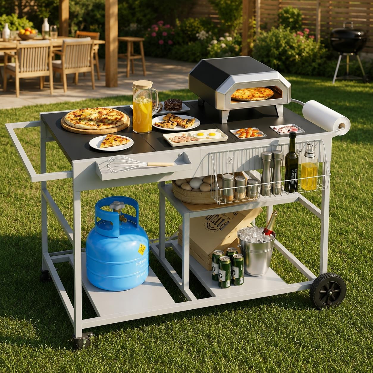 Vongrasig Pizza Oven Table with Topping Station, Patio Kitchen Island Outdoor Ba