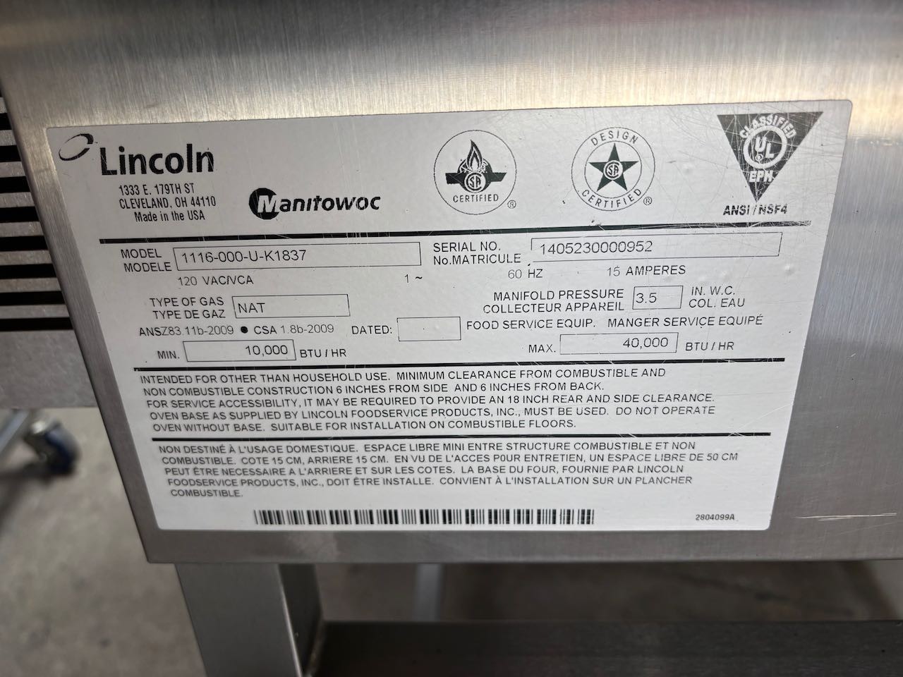 Lincoln Impinger 1116 Pizza 18″ Conveyor Belt Oven Nat Gas 2023 On Mobile Stand
